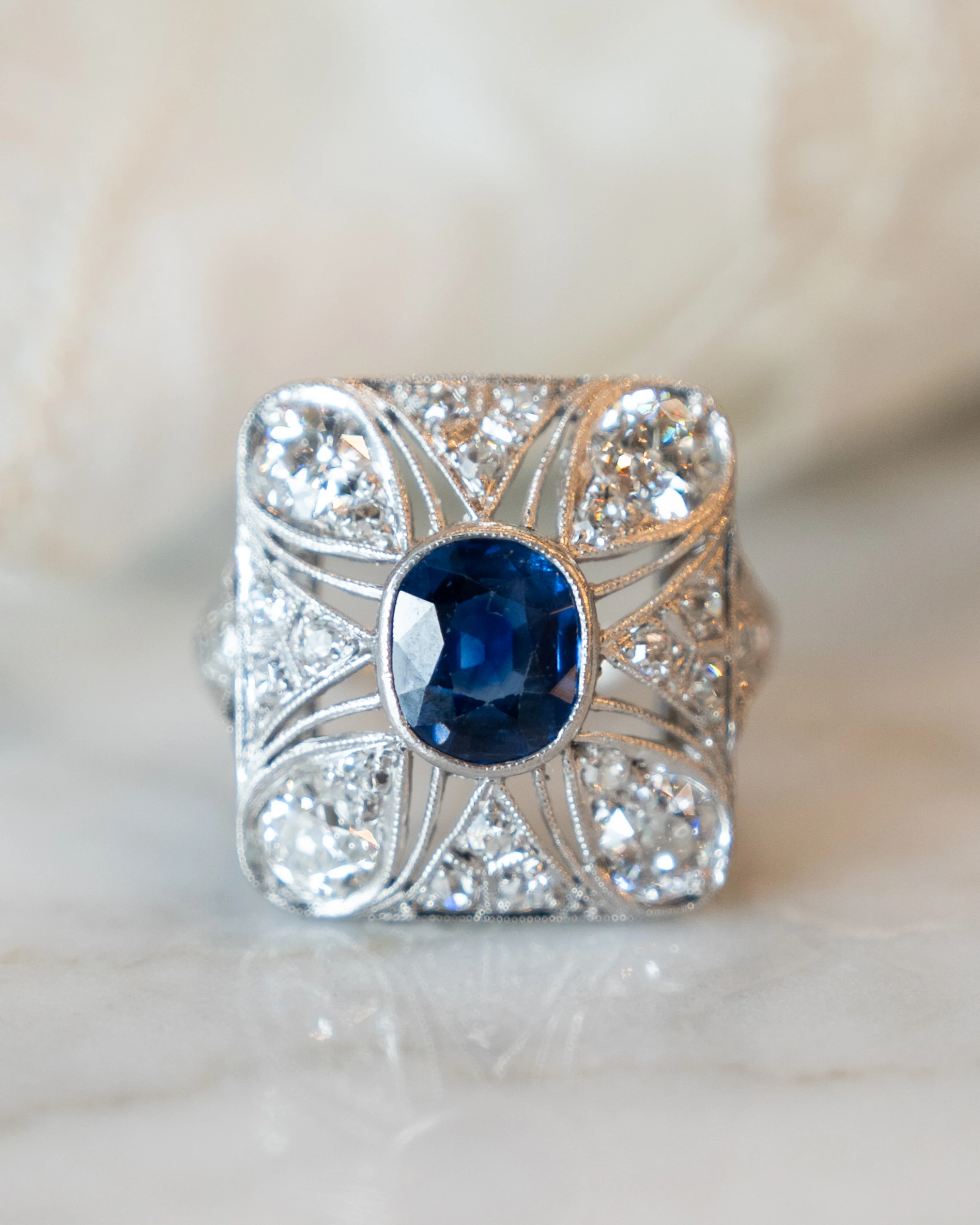 1.67 Vintage Deco Sapphire & Diamond Cocktail Ring in Platinum - Image 6