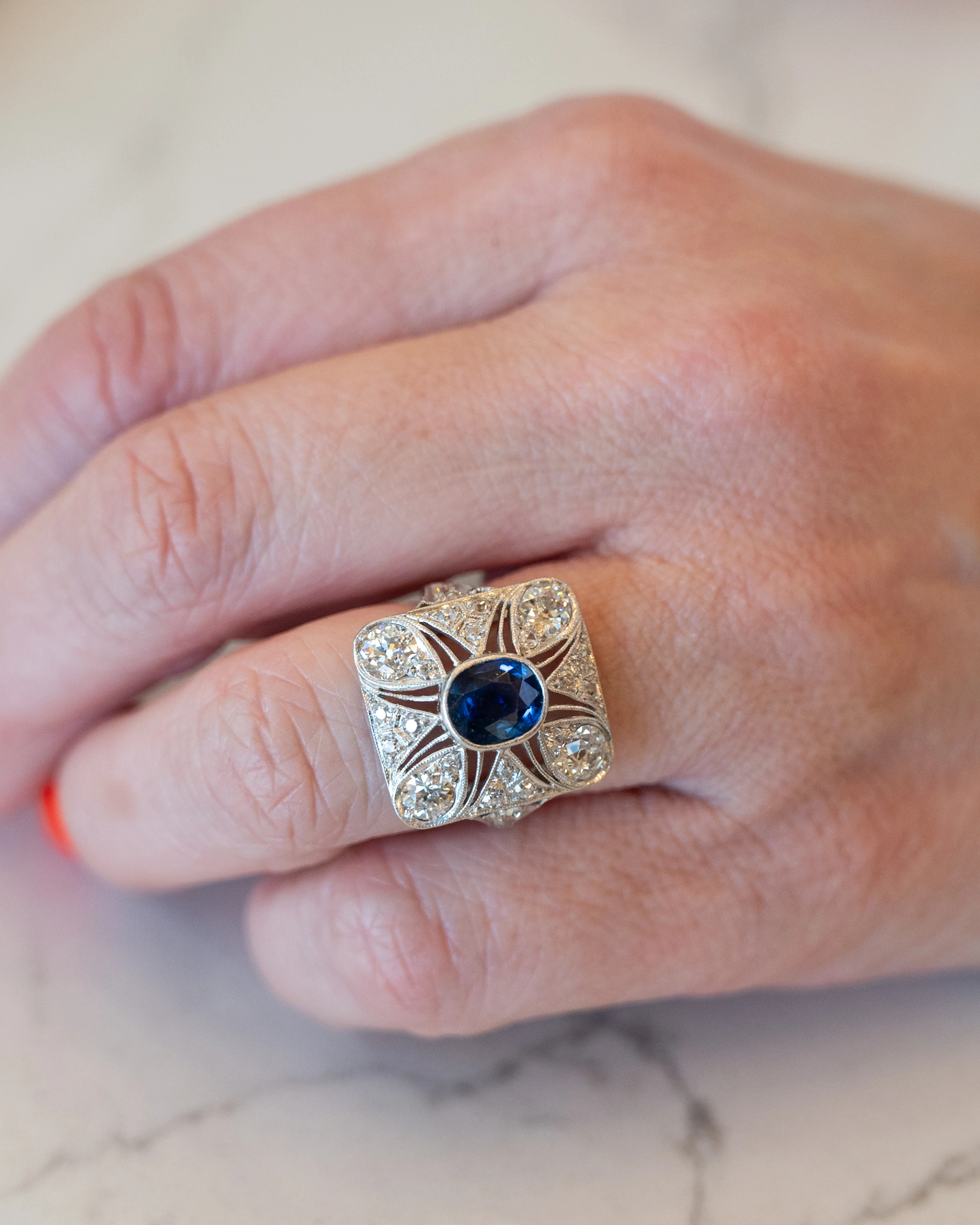 1.67 Vintage Deco Sapphire & Diamond Cocktail Ring in Platinum - Image 8