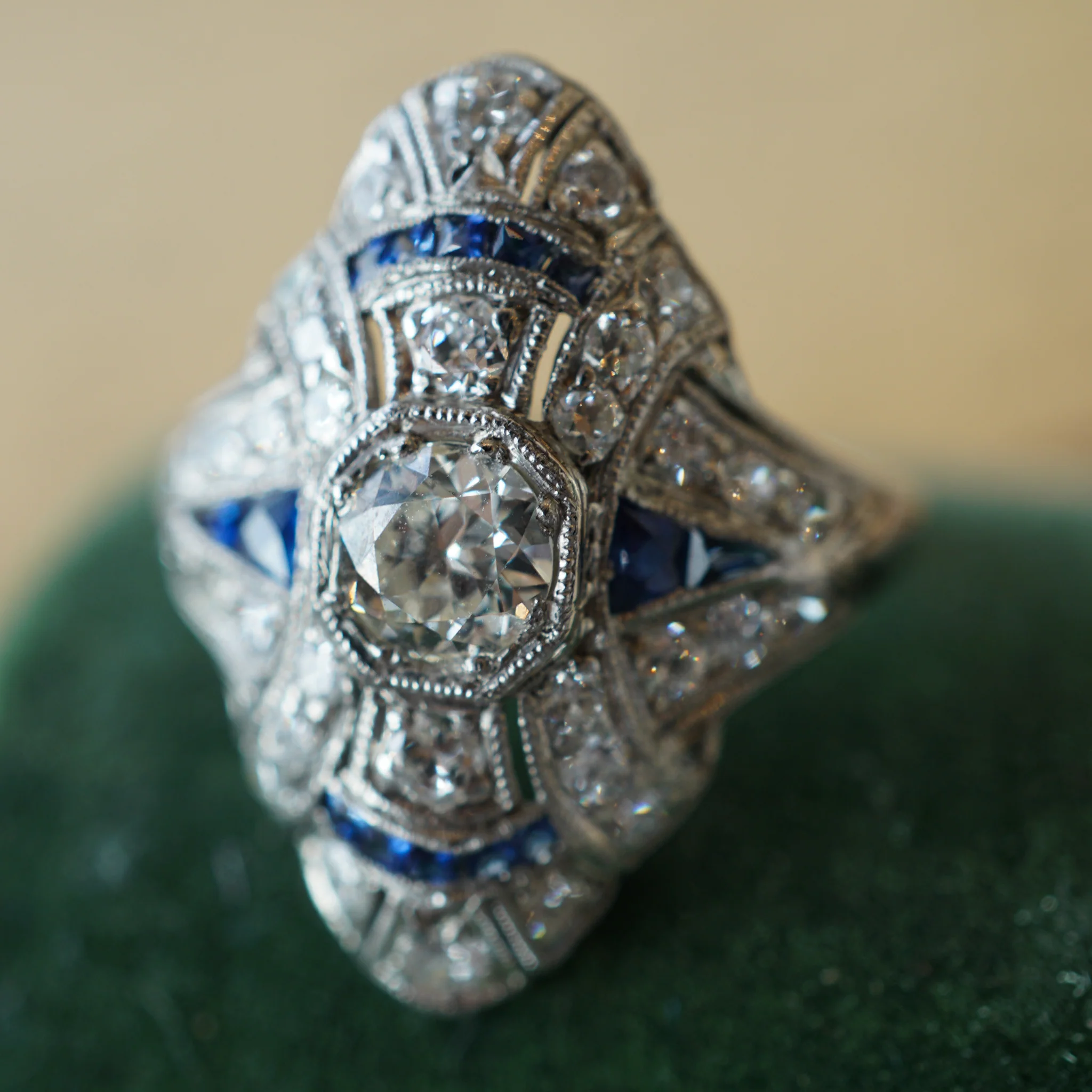 1.68 Art Deco Diamond & Sapphire Cocktail Ring in Platinum - Image 6