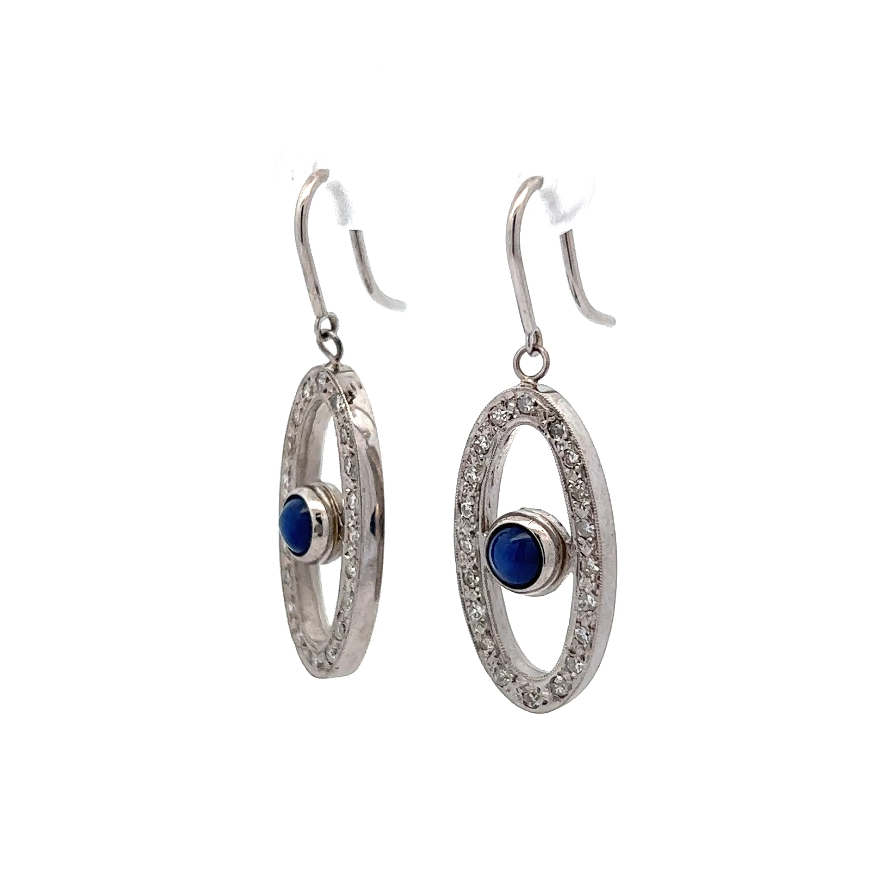 Custom Diamond & Star Sapphire Drop Earrings in 14K White Gold - Image 2