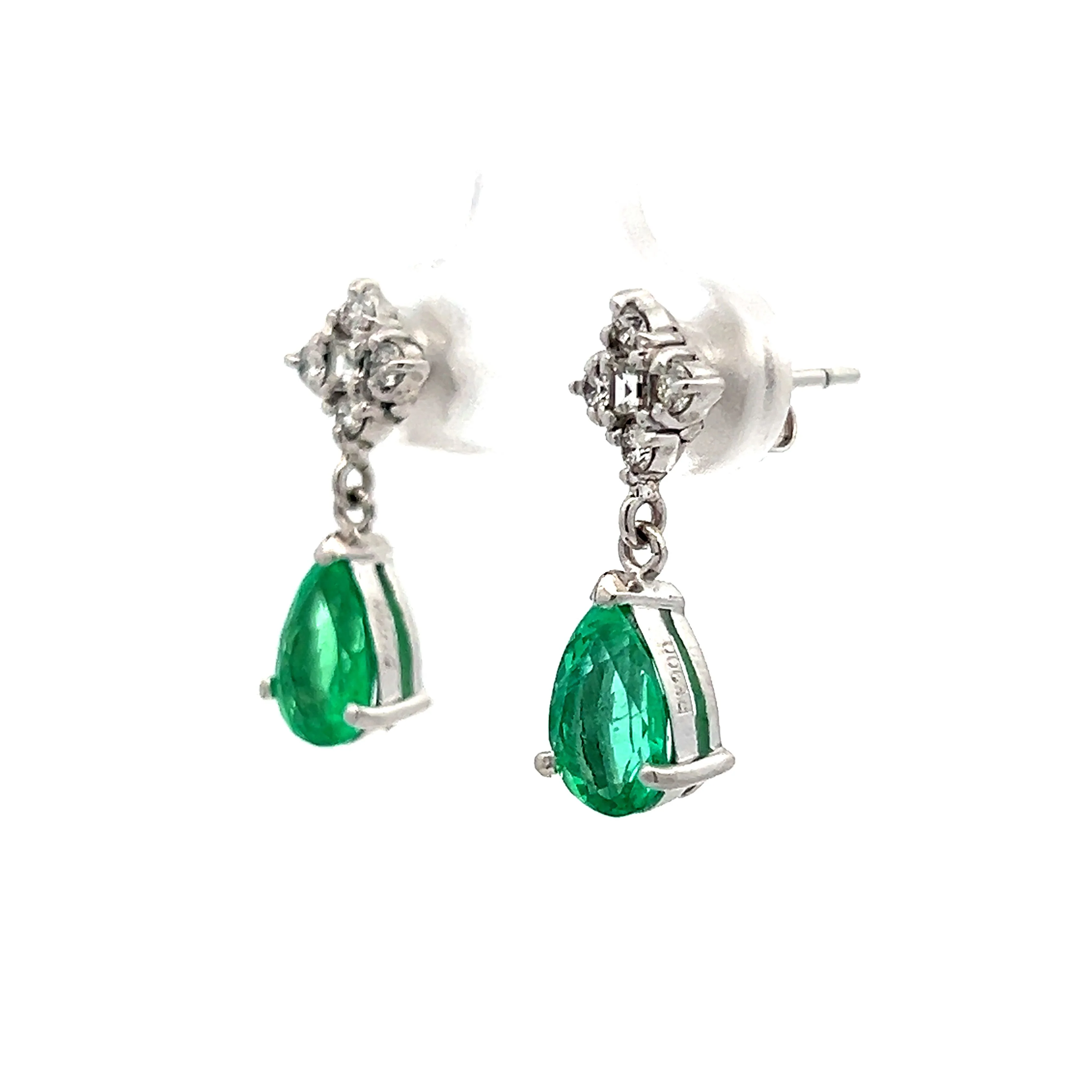 1.79 Pear Cut Emerald & Diamond Drop Earrings in White Gold - Image 2