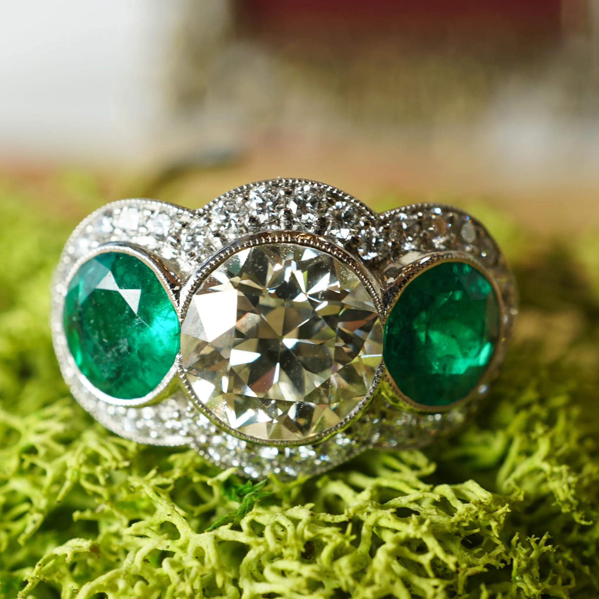 1.81 Diamond & Emerald Three Stone Ring in Platinum - Image 6