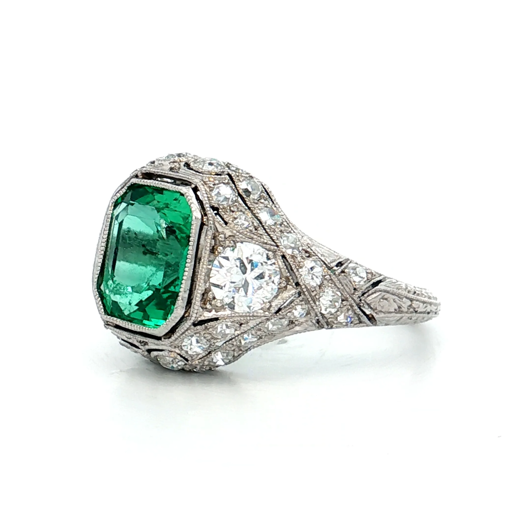 1.90 Antique Colombian Emerald & Diamond Ring Platinum - Image 2