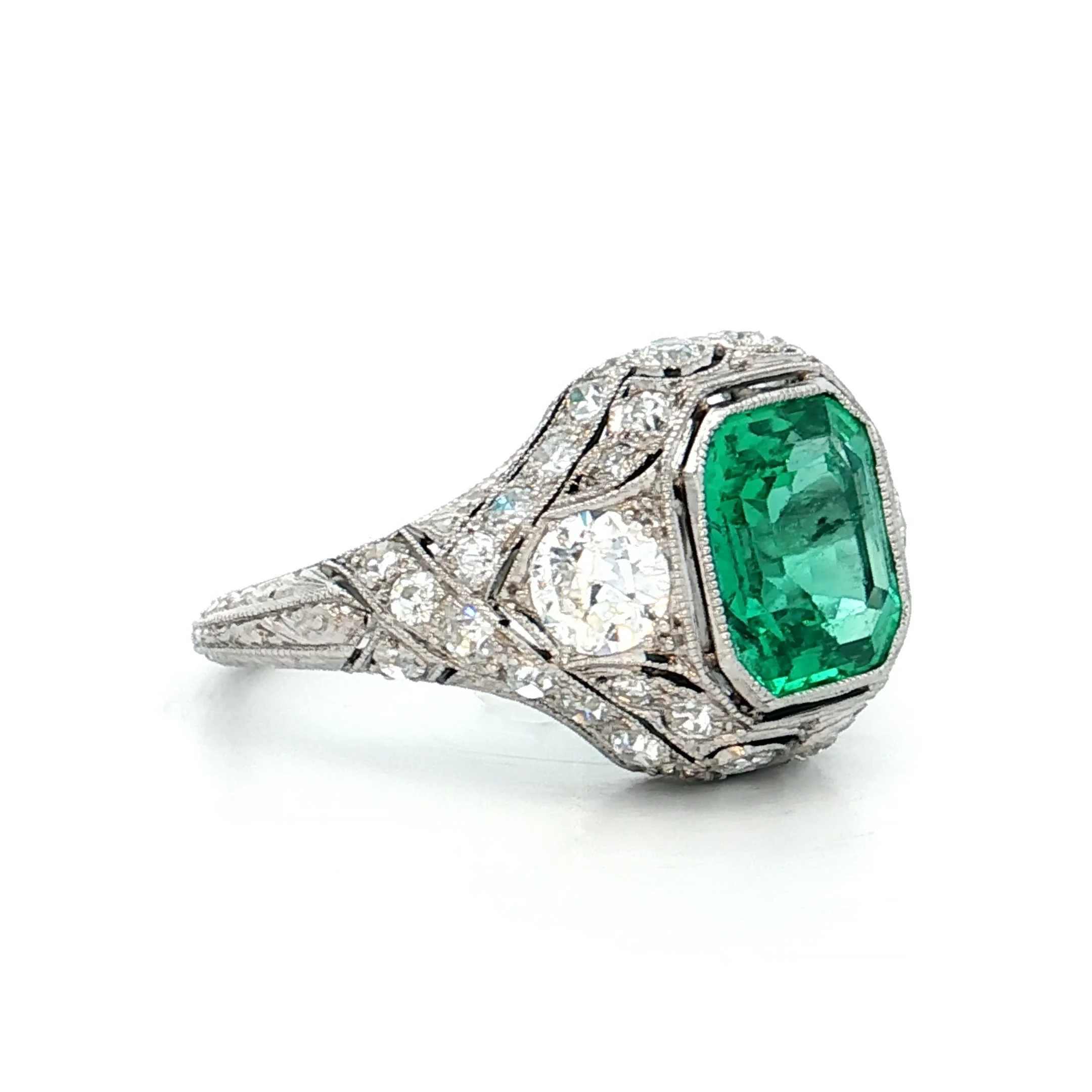 1.90 Antique Colombian Emerald & Diamond Ring Platinum - Image 3