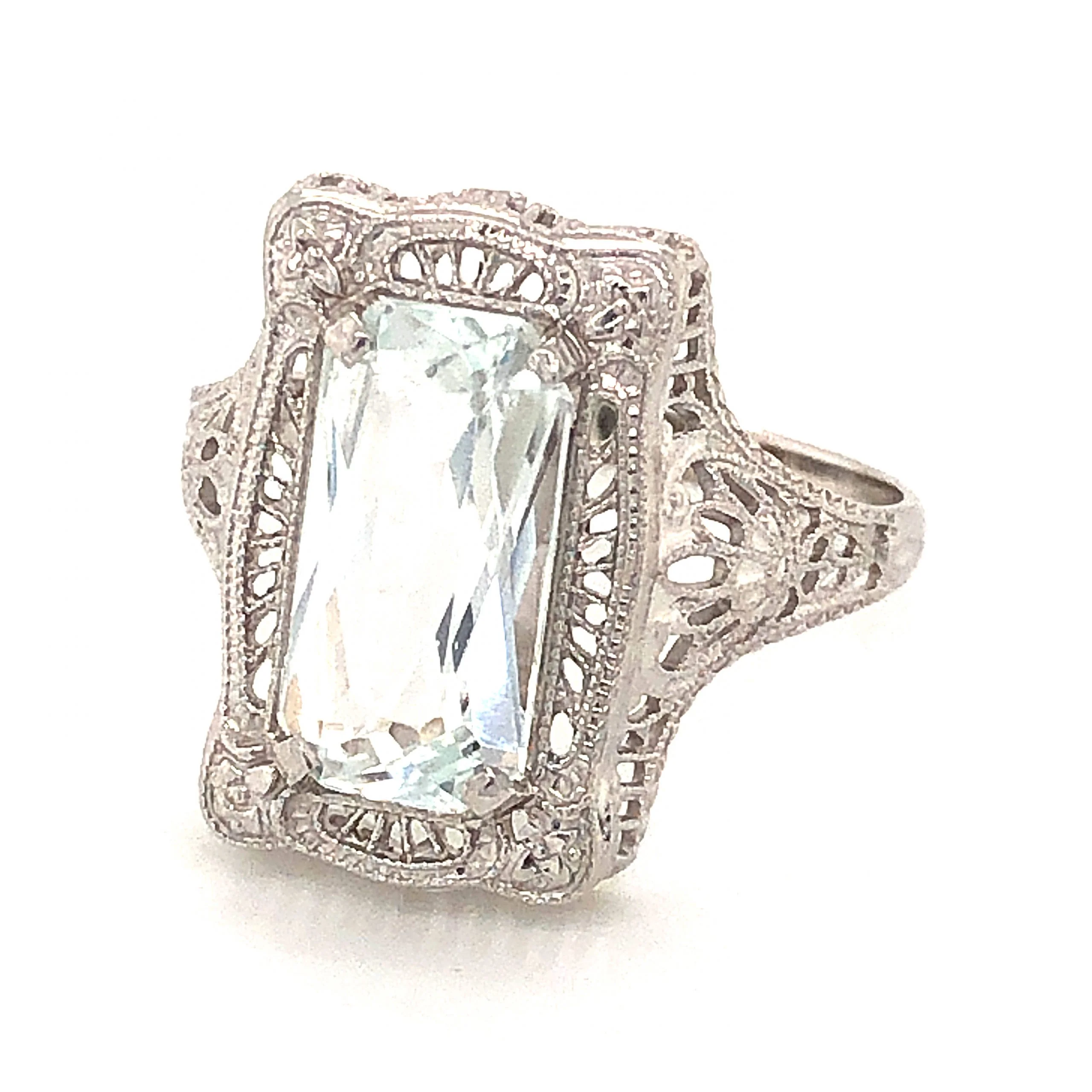 1.90 Emerald Cut Aquamarine Filigree Ring in 14k White Gold - Image 2