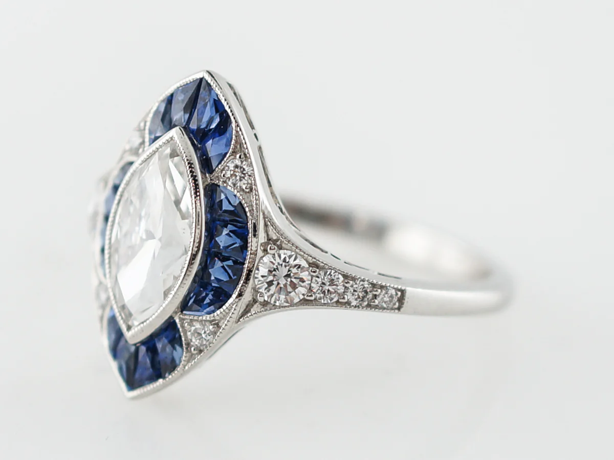 1 Carat Marquis Cut Diamond & Sapphire Halo Ring in Platinum - Image 2