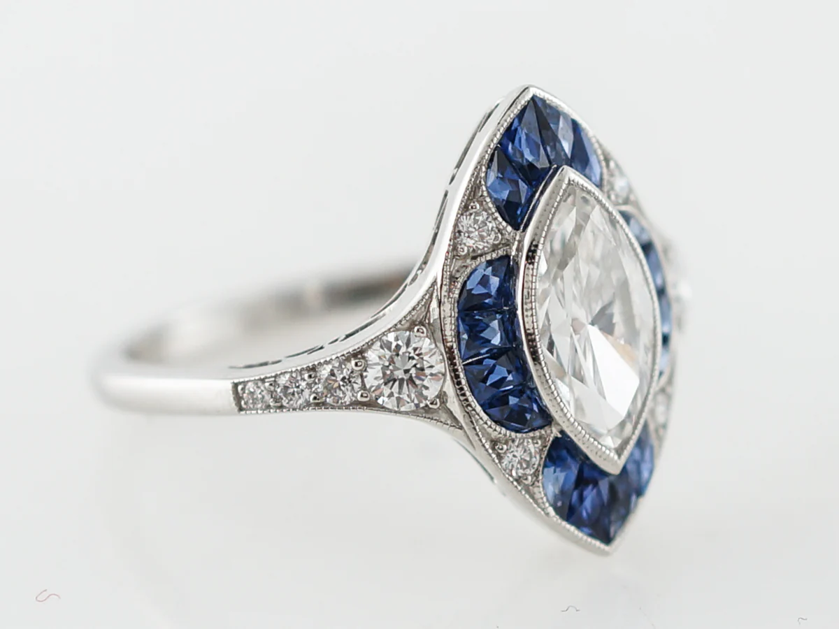 1 Carat Marquis Cut Diamond & Sapphire Halo Ring in Platinum - Image 3