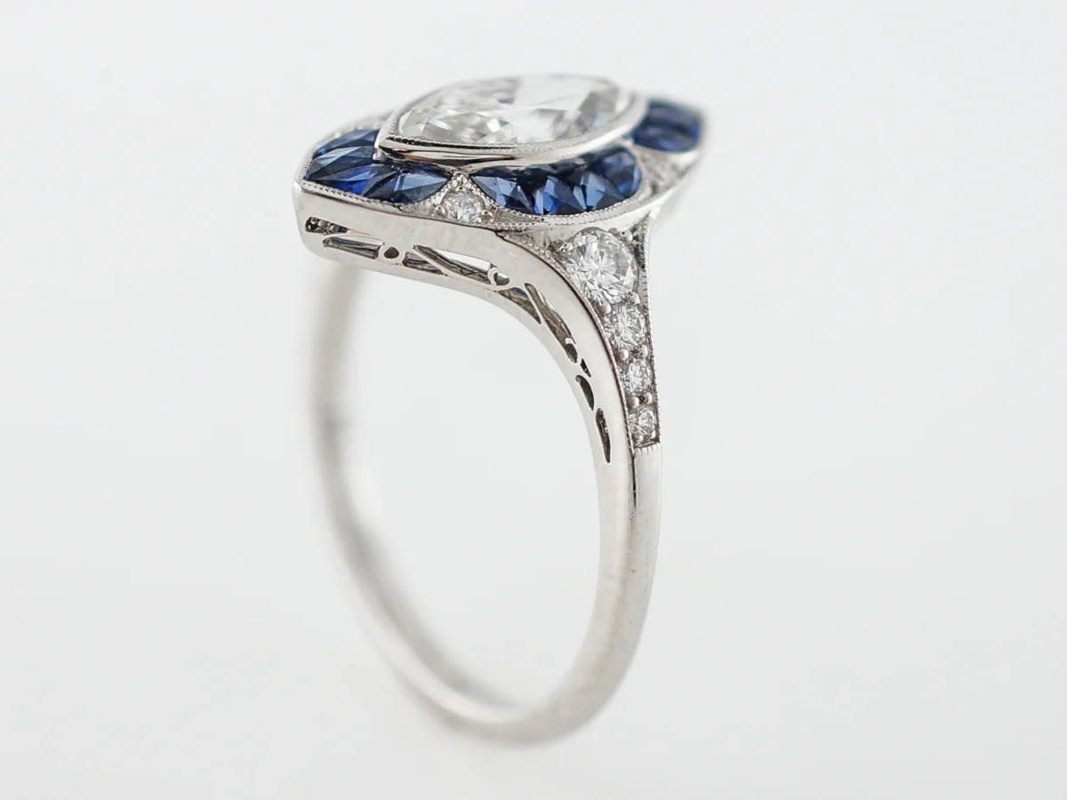 1 Carat Marquis Cut Diamond & Sapphire Halo Ring in Platinum - Image 4