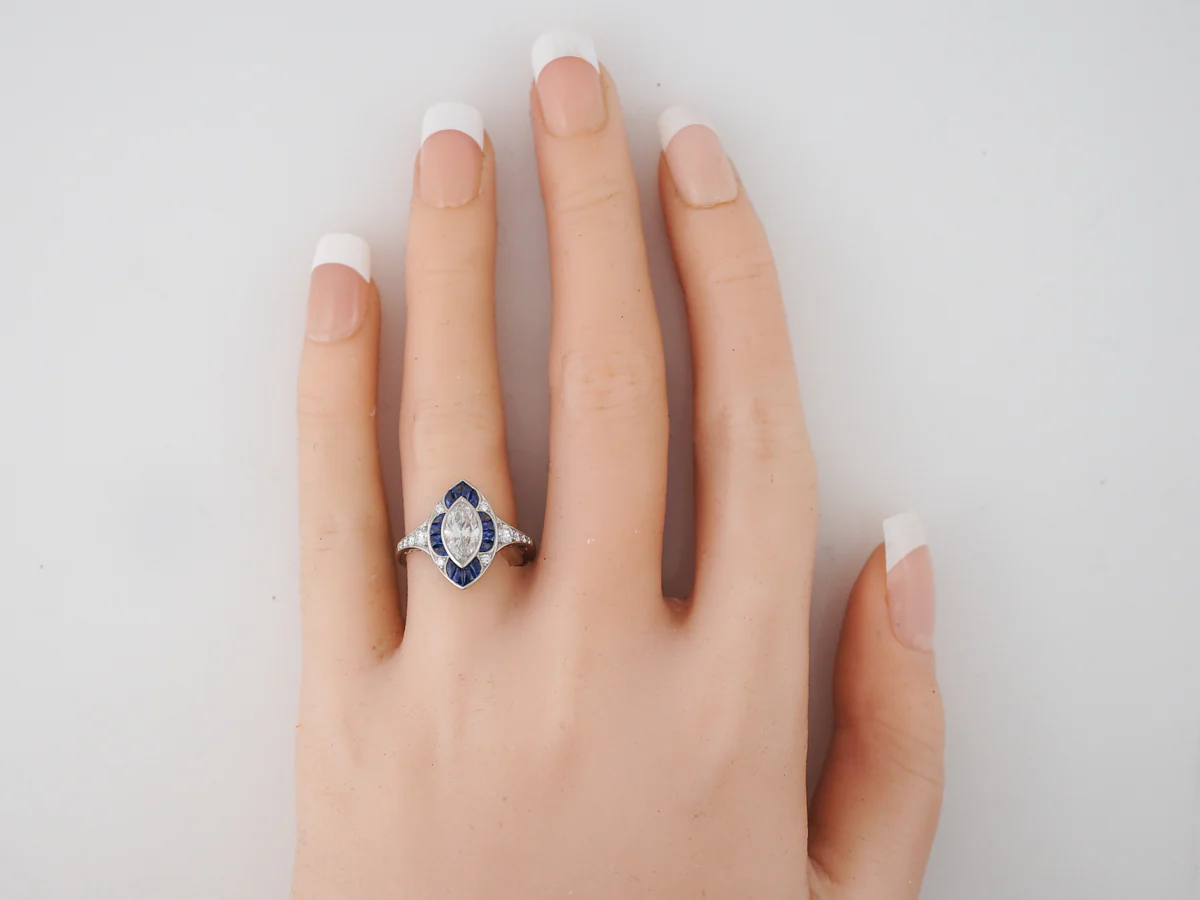 1 Carat Marquis Cut Diamond & Sapphire Halo Ring in Platinum - Image 5