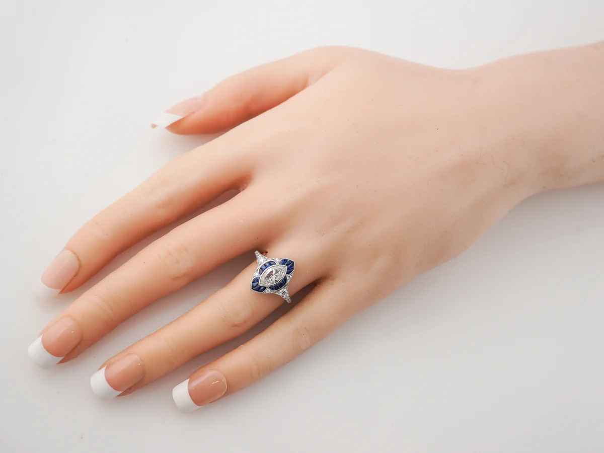 1 Carat Marquis Cut Diamond & Sapphire Halo Ring in Platinum - Image 6