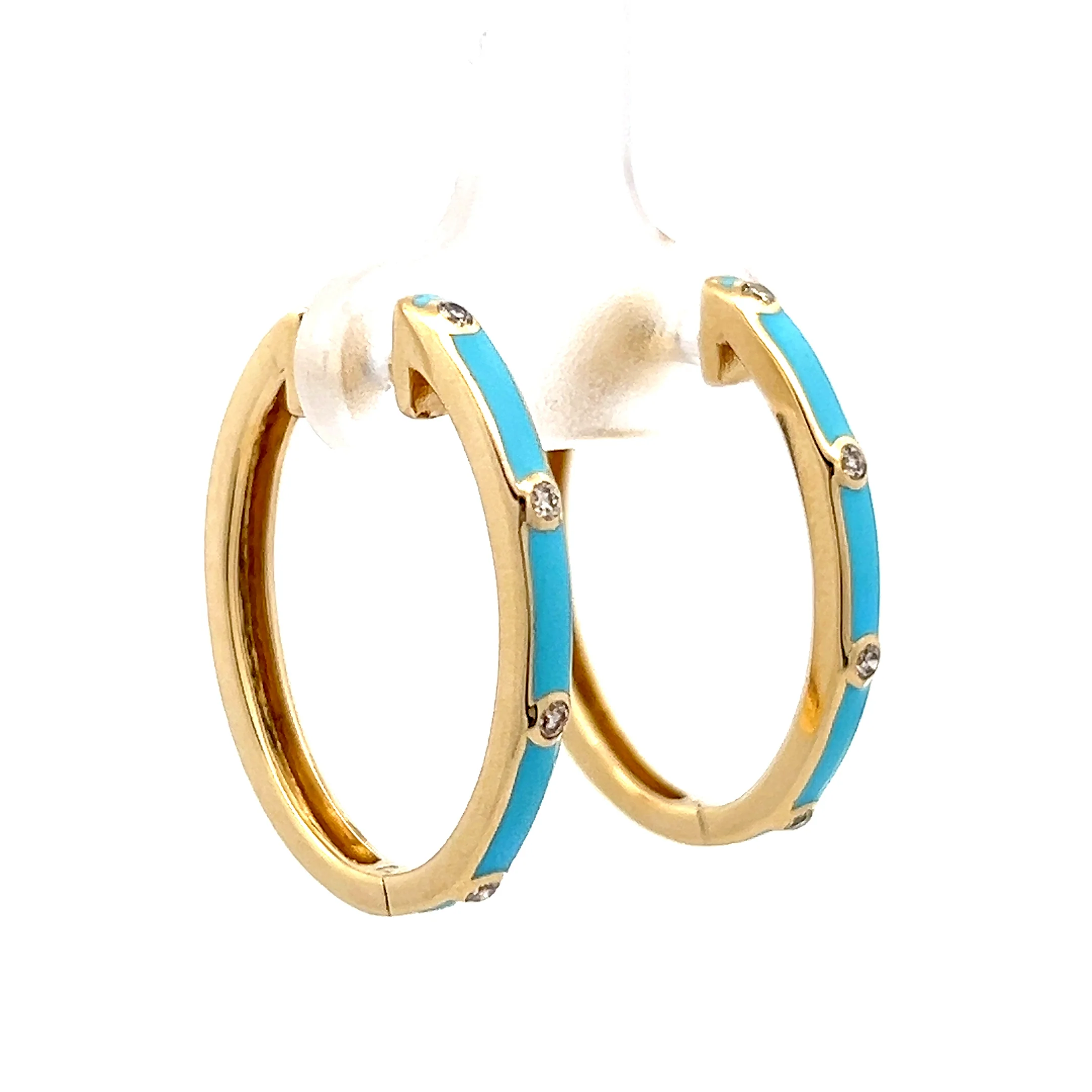 .10 Blue Enamel & Diamond Hoop Earrings in 14k - Image 3