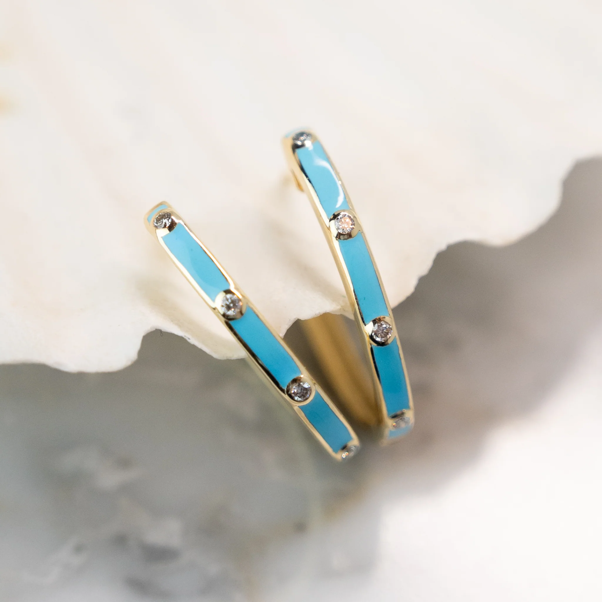 .10 Blue Enamel & Diamond Hoop Earrings in 14k - Image 4