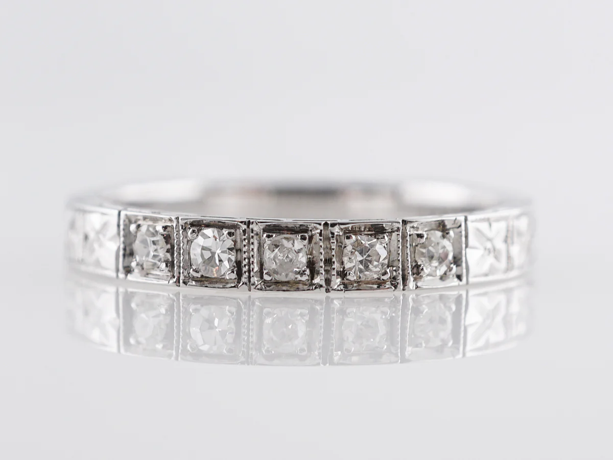.10 Deco Single Cut Diamond Wedding Band in 18K White Gold