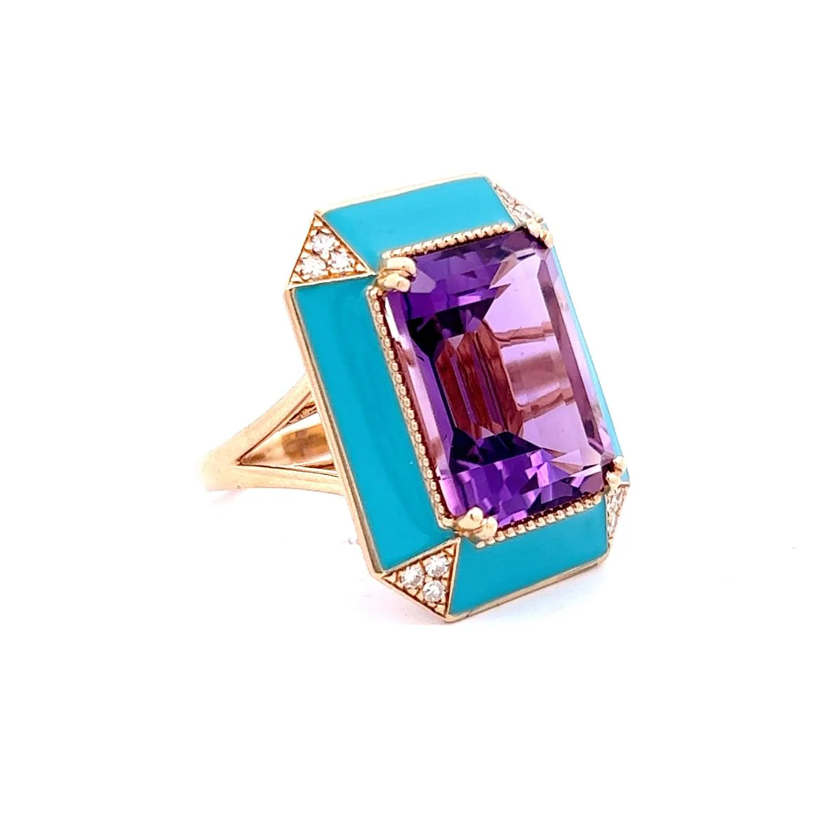 11.80 Emerald Cut Amethyst Cocktail Ring in 14k Yellow Gold - Image 3