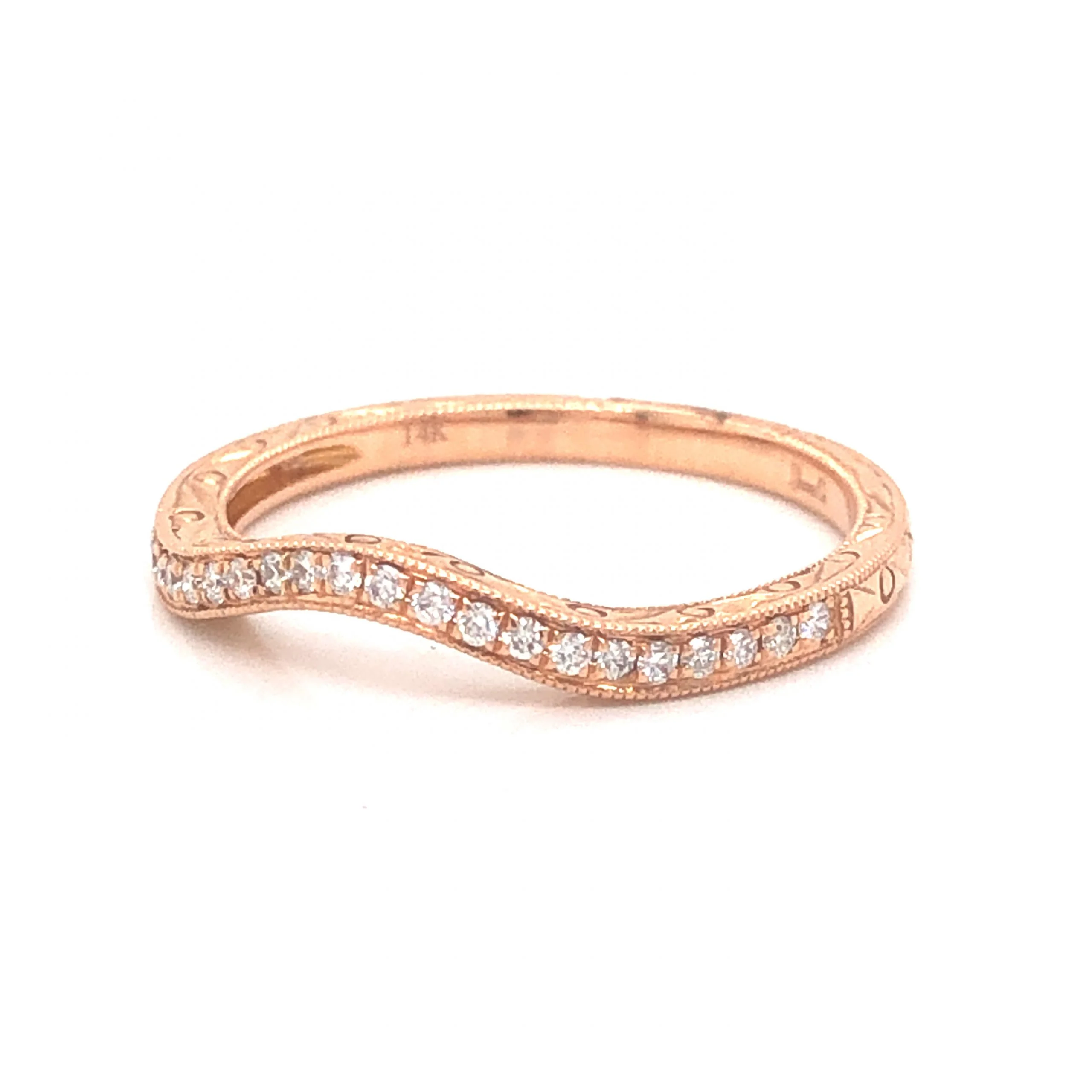 .11 Engraved Curved Diamond Wedding Band in 14k Rose Gold - Image 2
