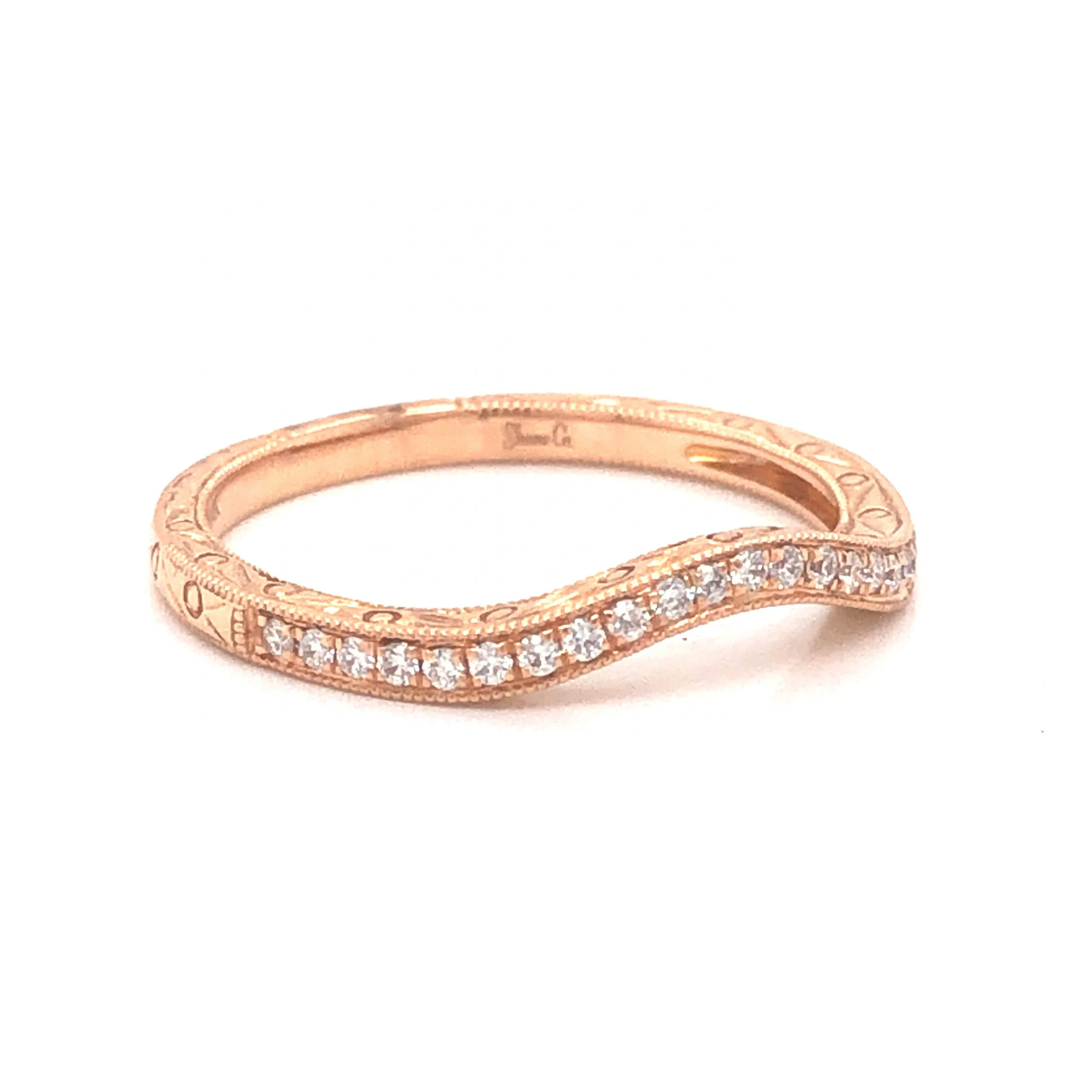 .11 Engraved Curved Diamond Wedding Band in 14k Rose Gold - Image 3