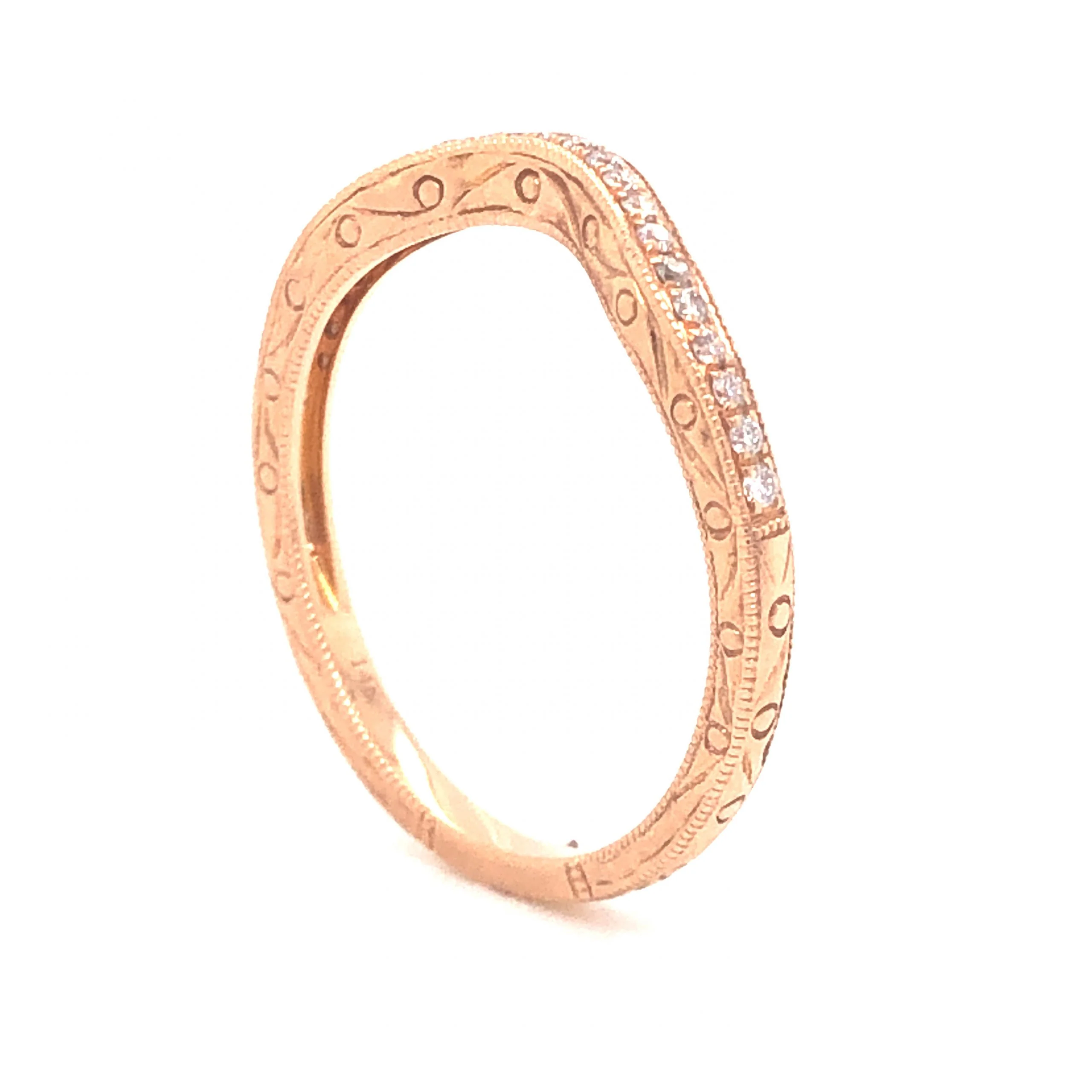 .11 Engraved Curved Diamond Wedding Band in 14k Rose Gold - Image 5