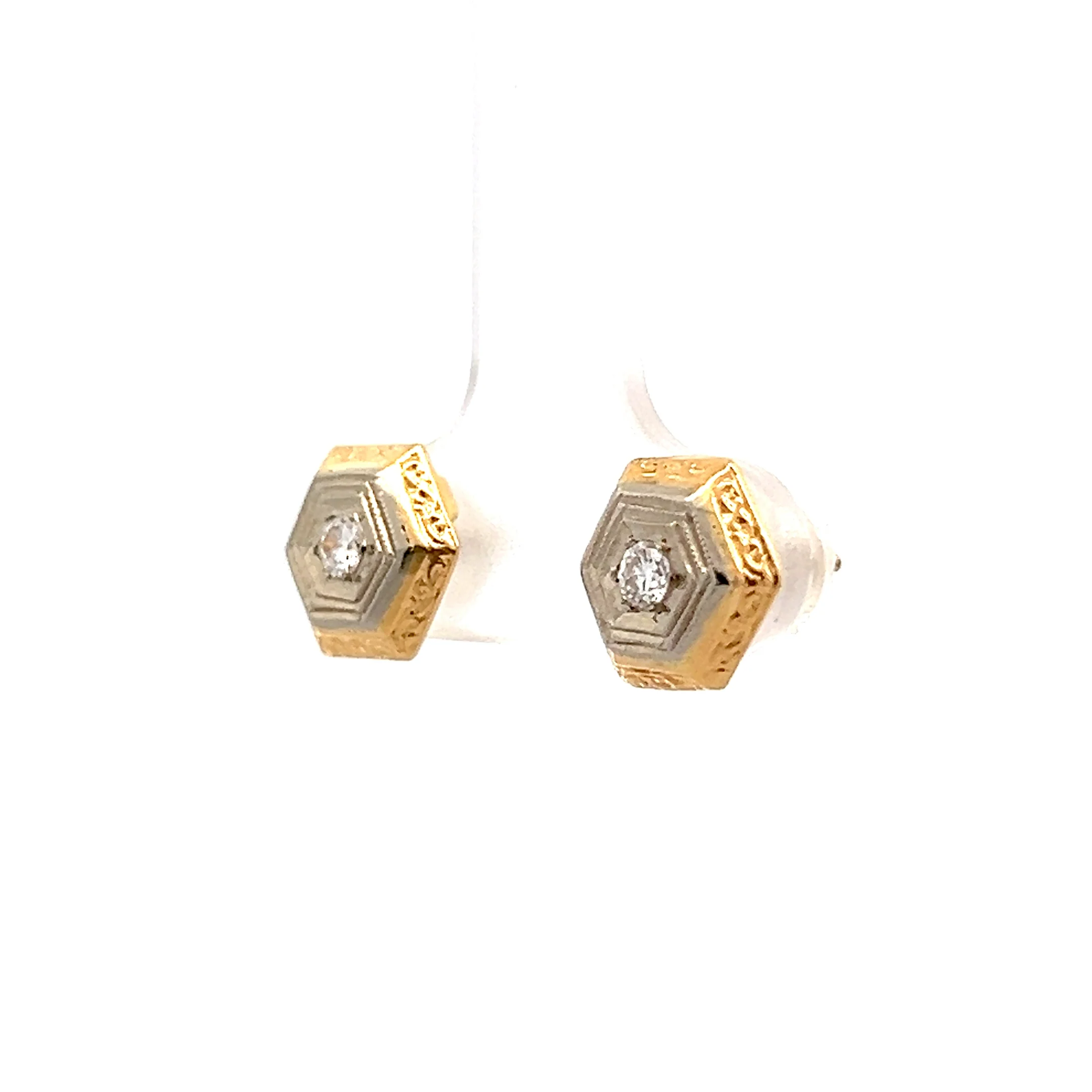.12 Vintage Retro Hexagon Diamond Earring Studs 14k - Image 2