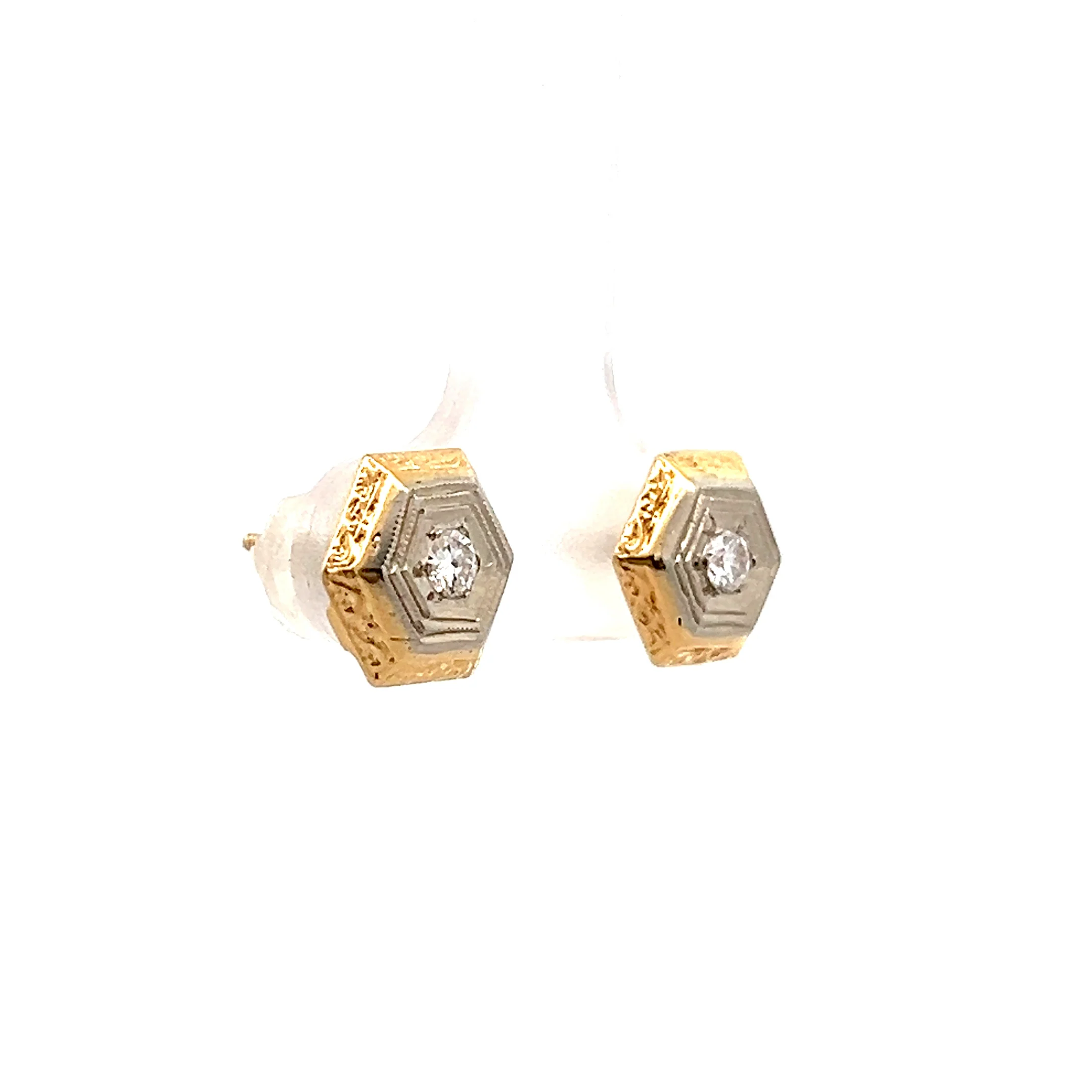 .12 Vintage Retro Hexagon Diamond Earring Studs 14k - Image 3