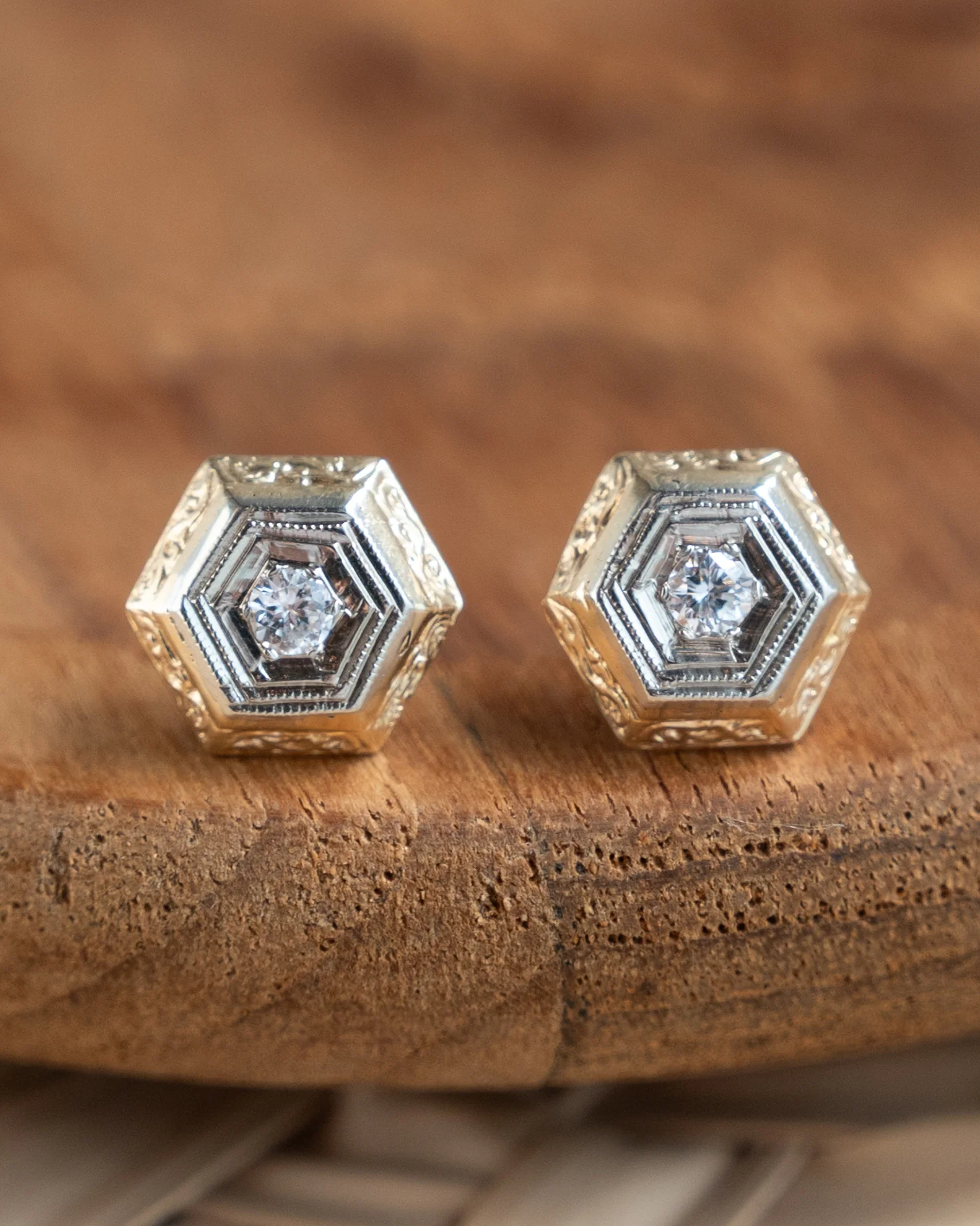 .12 Vintage Retro Hexagon Diamond Earring Studs 14k - Image 4