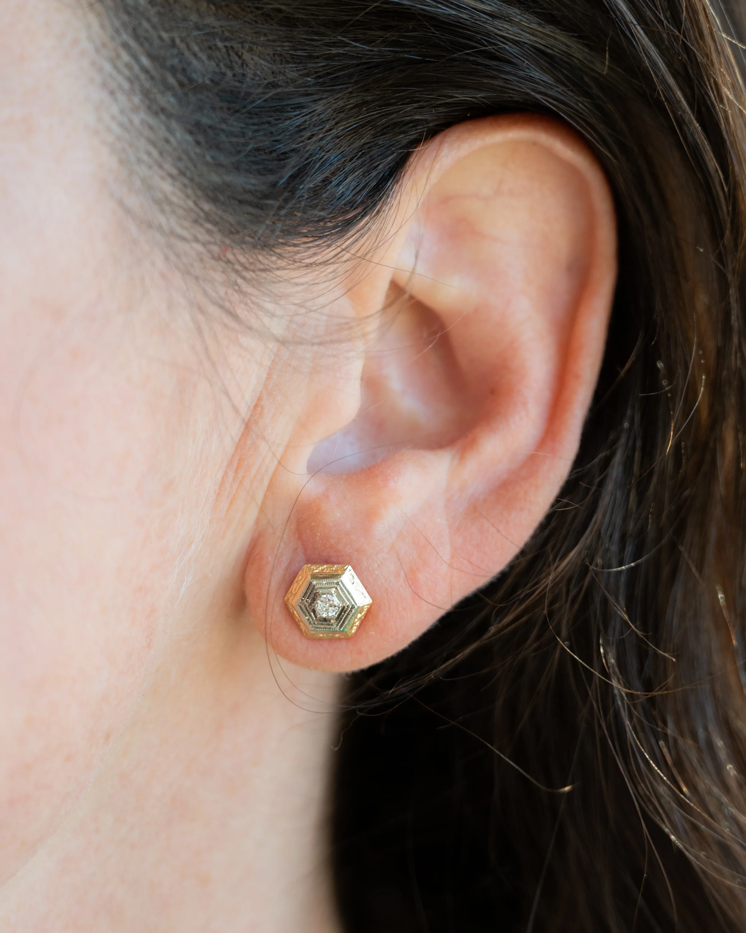 .12 Vintage Retro Hexagon Diamond Earring Studs 14k - Image 5