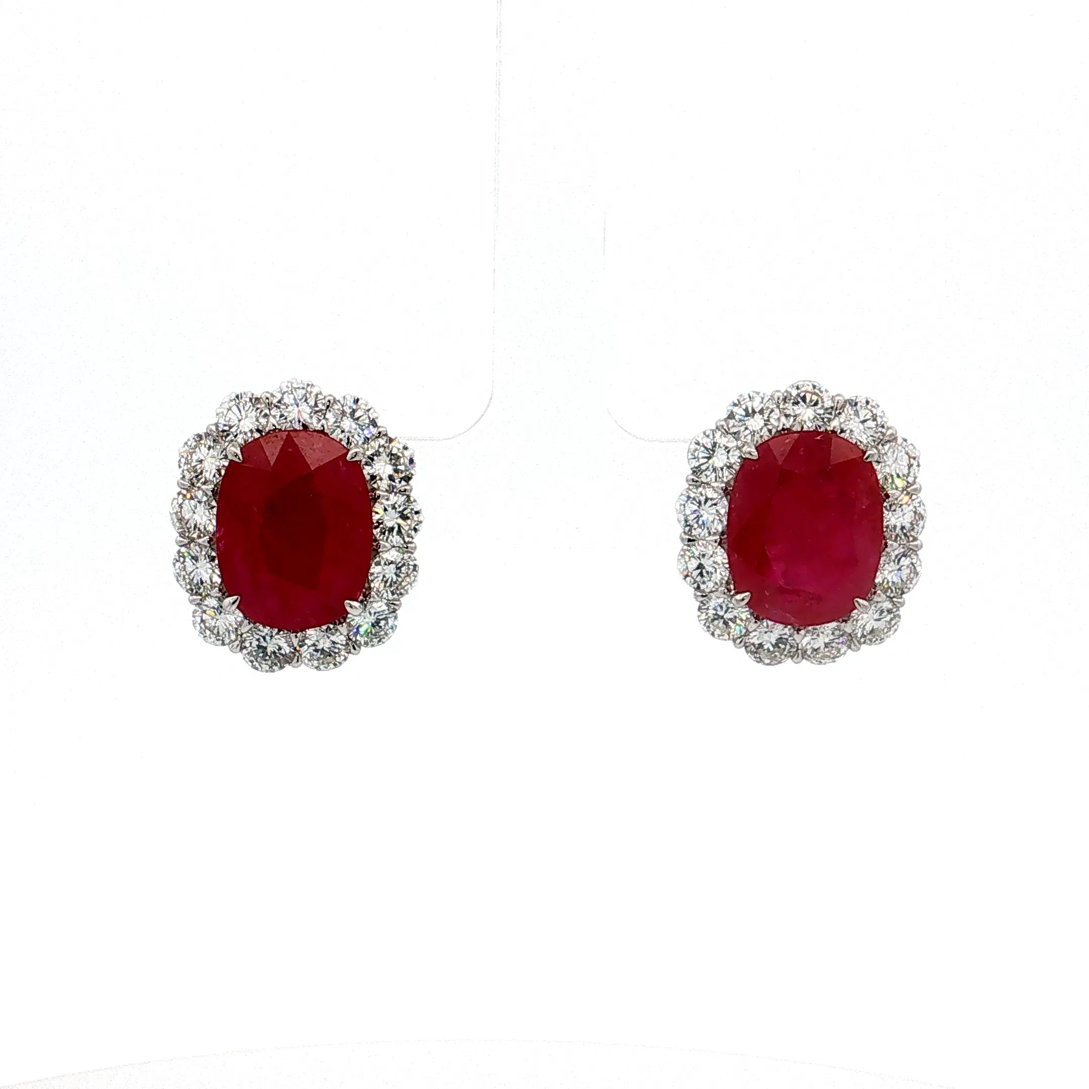14.07 Cushion Ruby Diamond Halo Stud Earrings Platinum