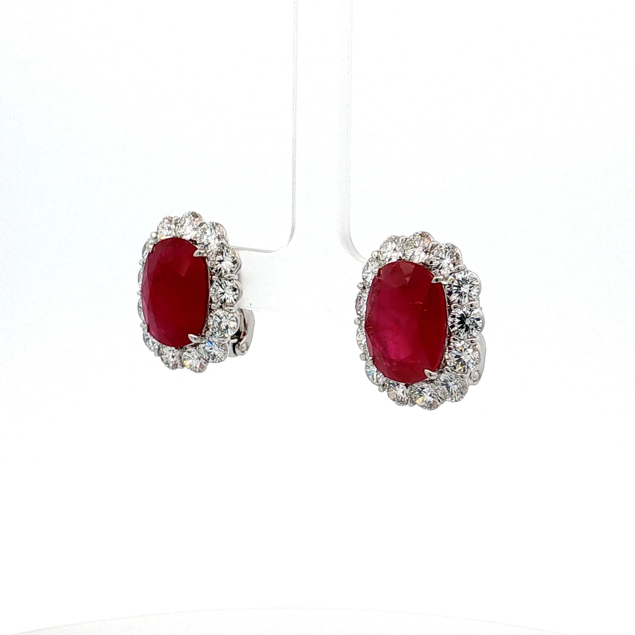 14.07 Cushion Ruby Diamond Halo Stud Earrings Platinum - Image 2