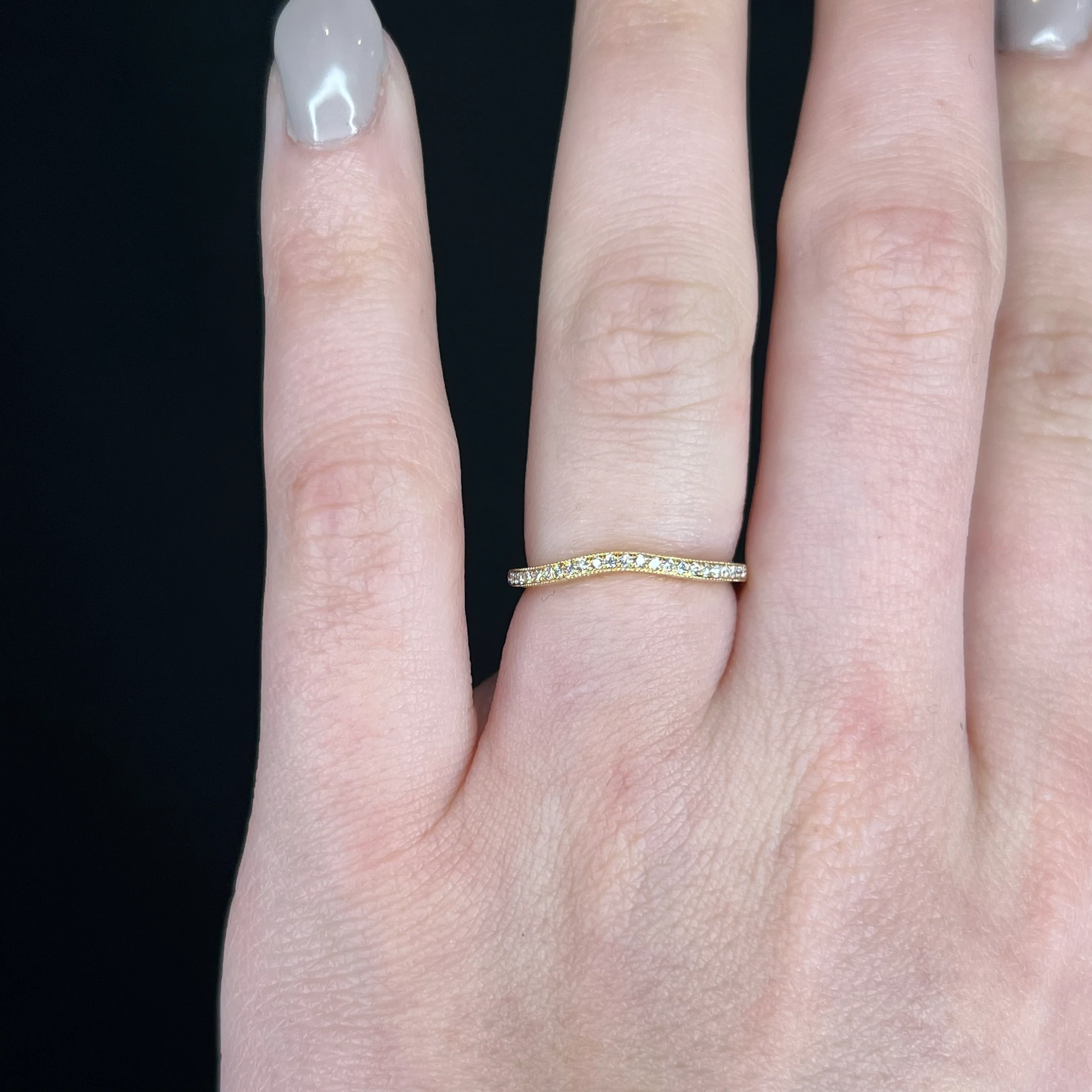 .14 Curved Diamond Milgrain Wedding Band in 14k Yellow Gold - Image 6