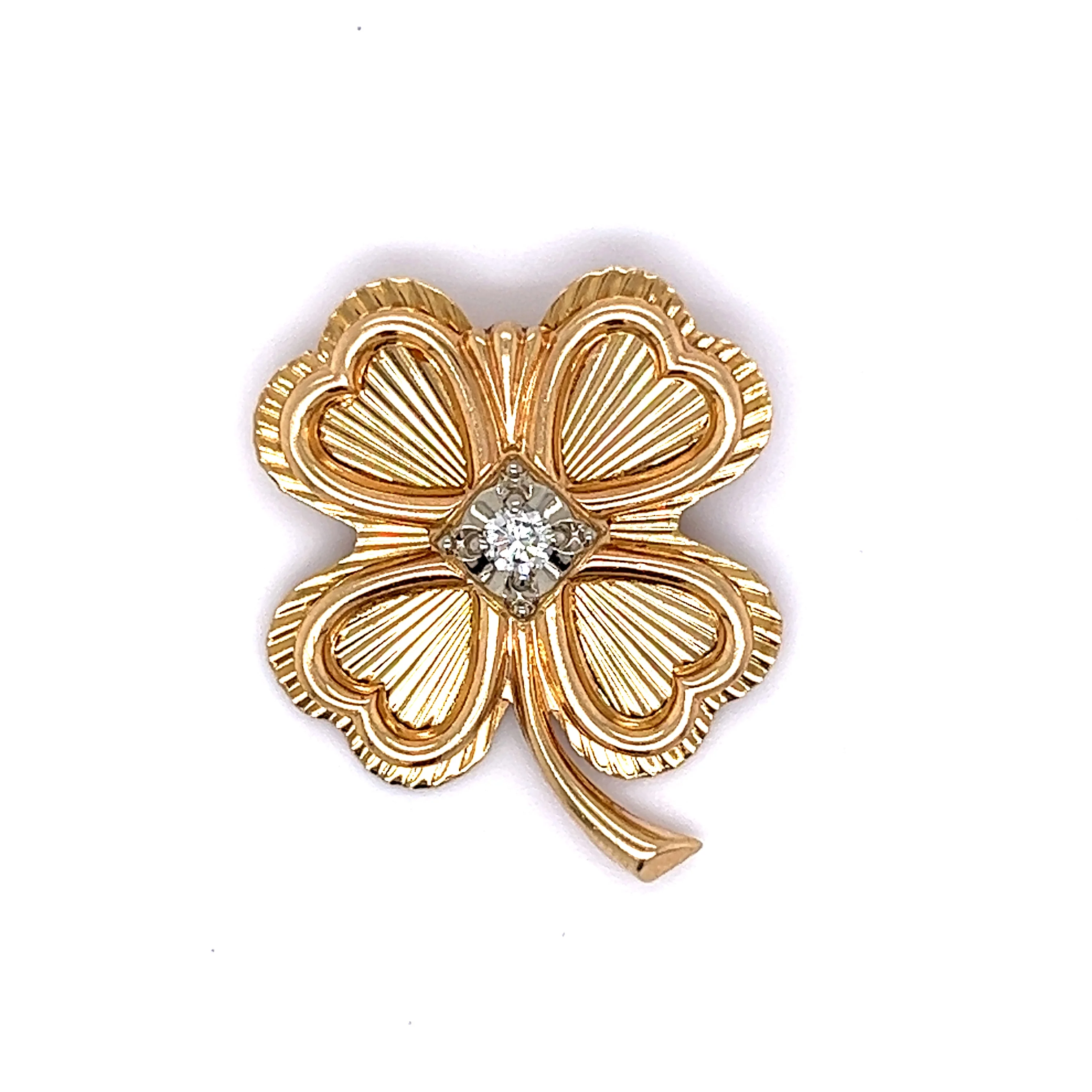 Vintage Diamond Four Leaf Clover Brooch in 14k Yellow Gold