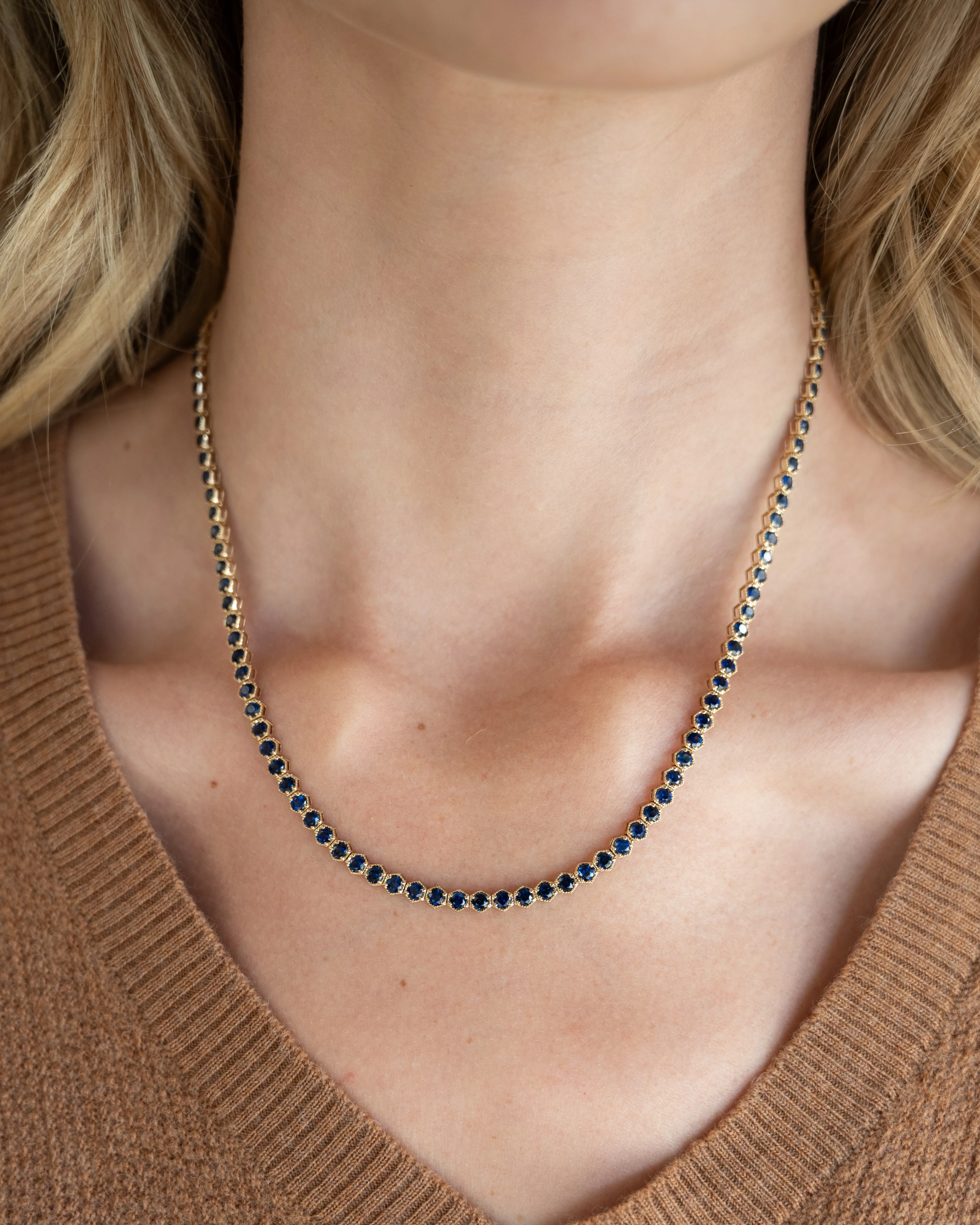 15 Carat Blue Sapphire Tennis Necklace 14k Yellow Gold - Image 6