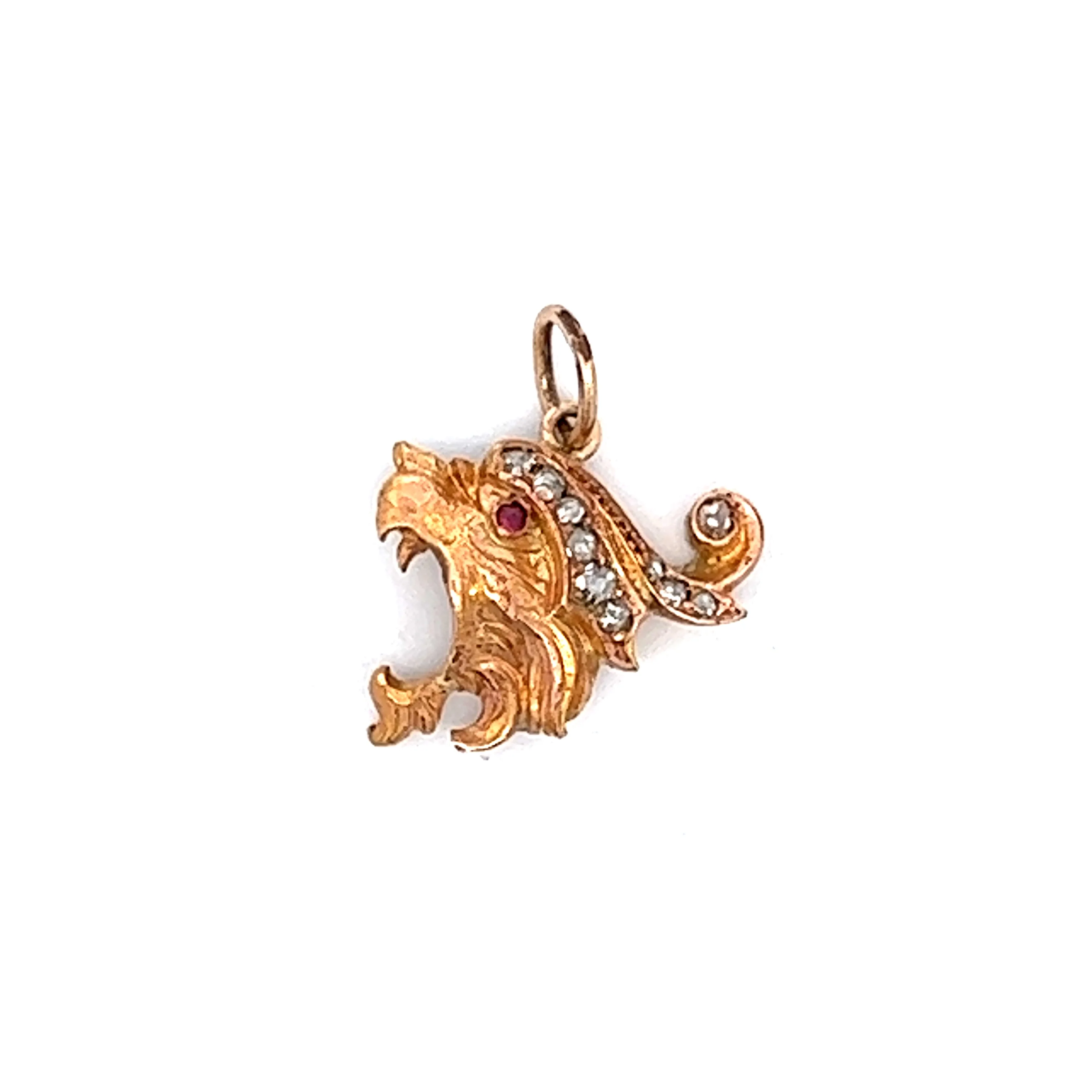 Vintage Lions Head Pendant w/ Diamonds & Ruby in 18k Yellow Gold