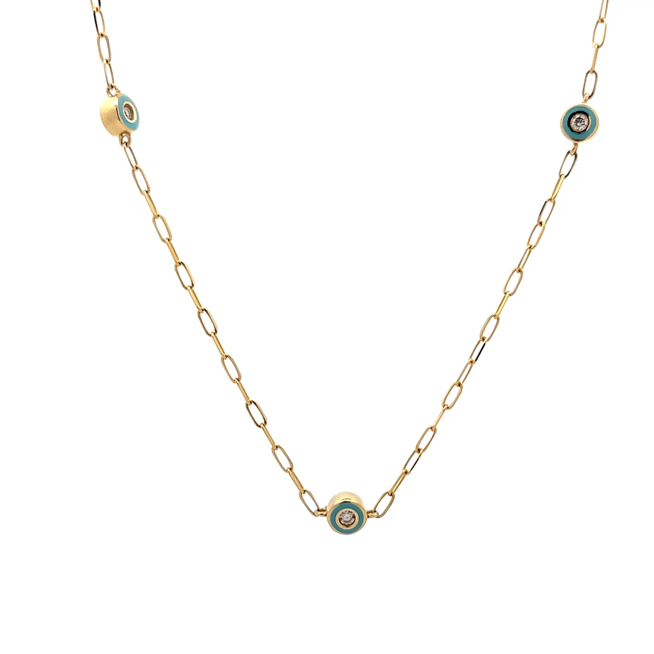 .18 Turquoise Enamel Bezel Diamond by the Yard Necklace 14k - Image 2