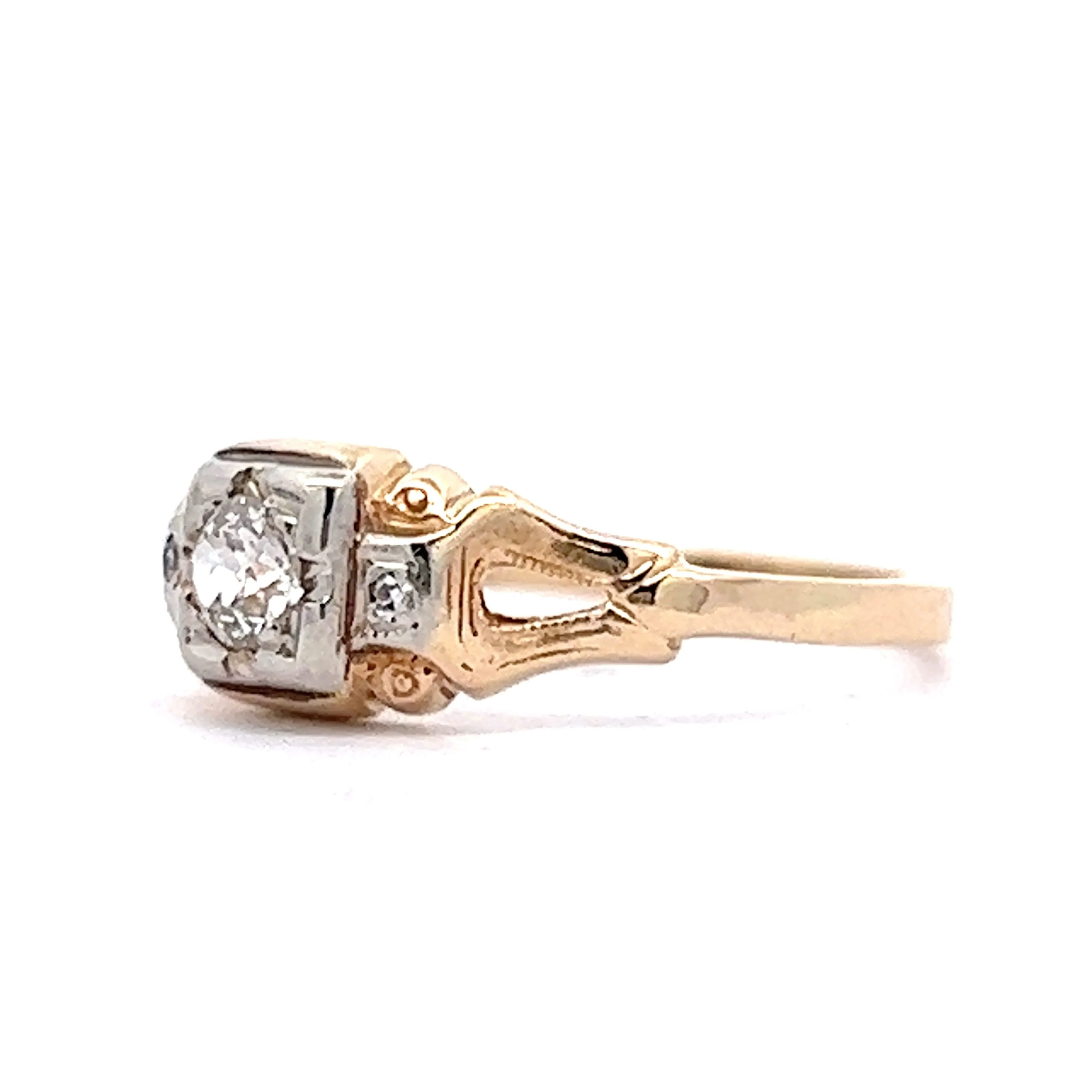Vintage Retro Diamond Engagement Ring in 14k Yellow & White Gold - Image 2