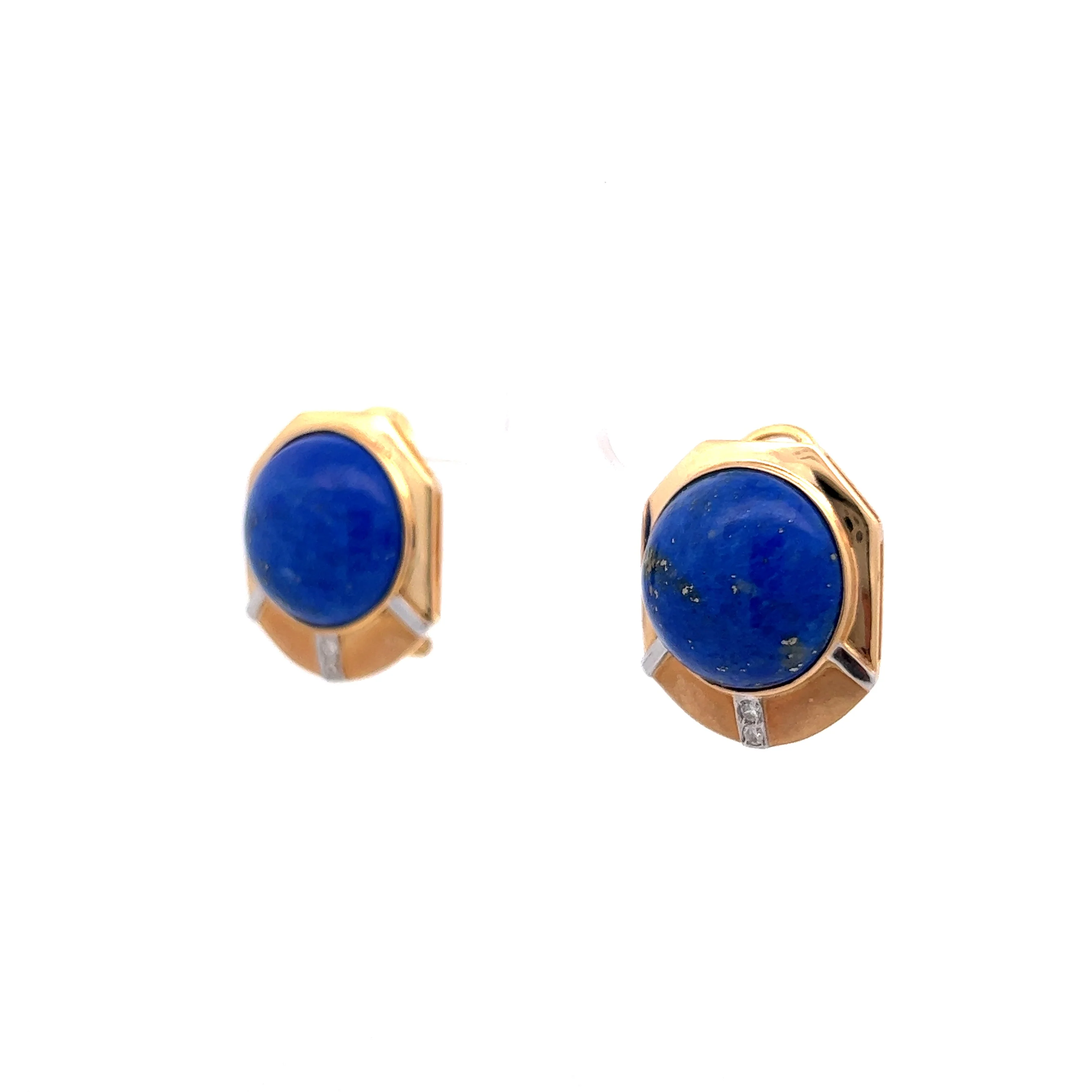 Cabochon Lapis Lazuli & Diamond Earrings in 14k Yellow Gold - Image 2