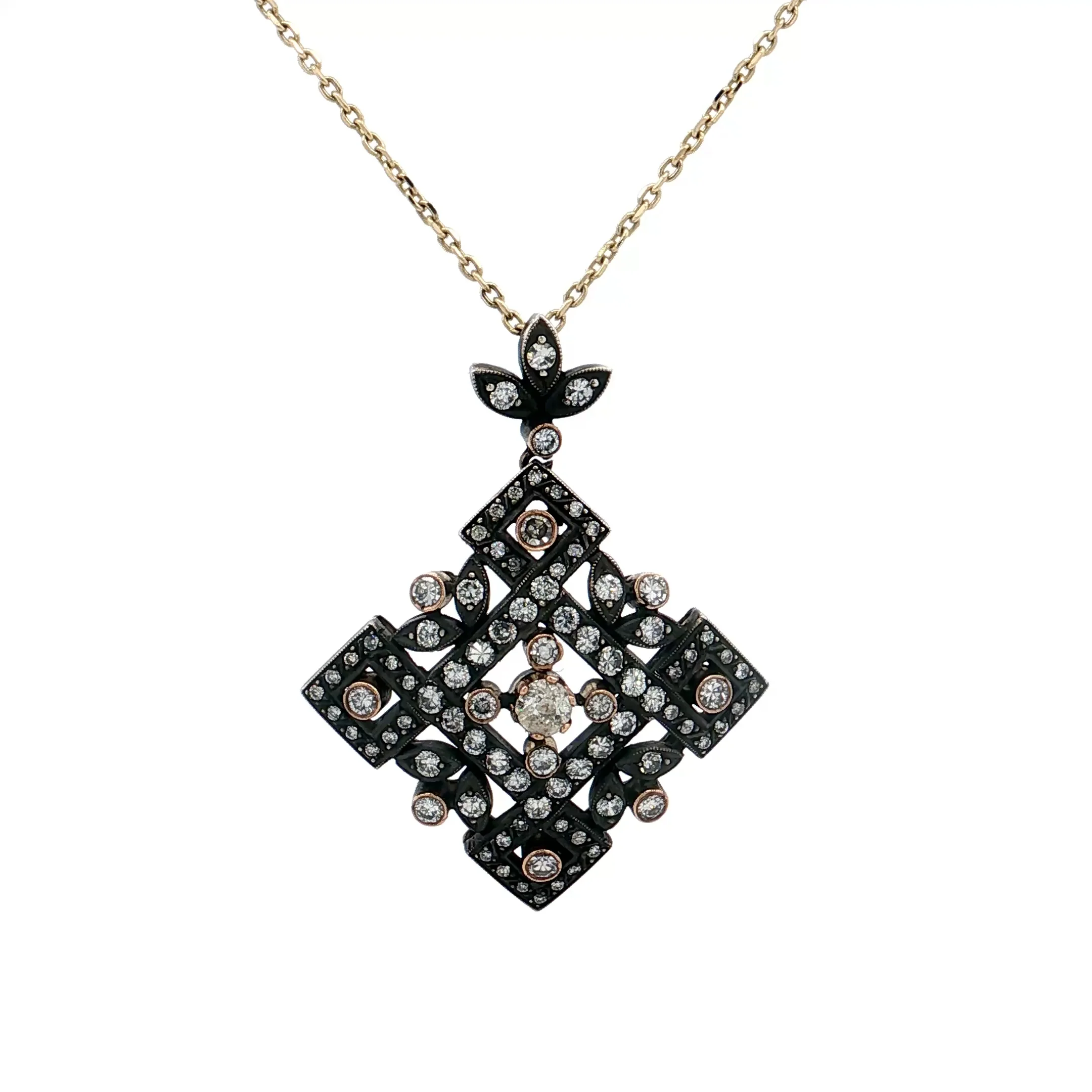 .19 Antique Inspired Old Euro Diamond Pendant Necklace 14k