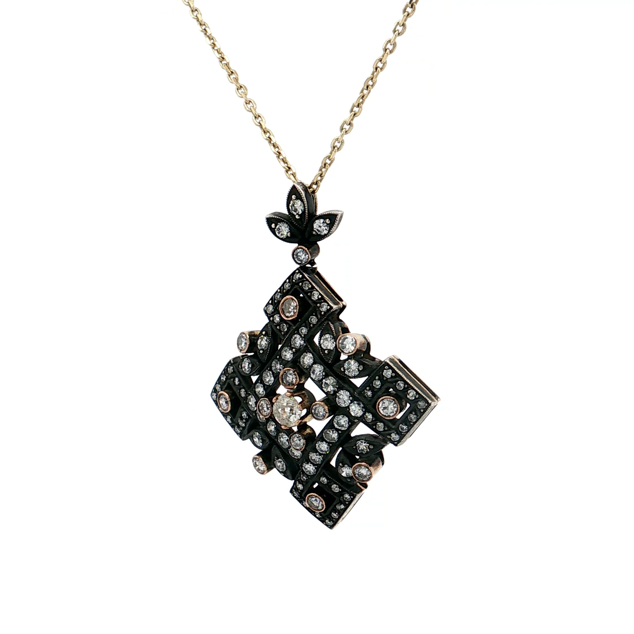 .19 Antique Inspired Old Euro Diamond Pendant Necklace 14k - Image 2