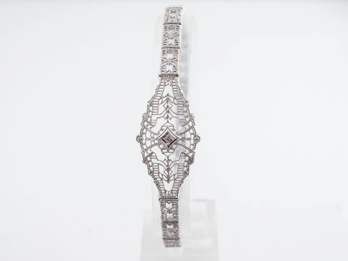 1920's Filigree Bracelet w/ Single Cut Diamond in 10k White Gold
