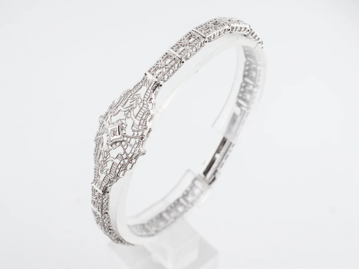 1920's Filigree Bracelet w/ Single Cut Diamond in 10k White Gold - Image 2