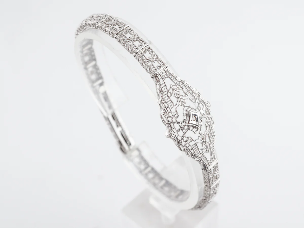 1920's Filigree Bracelet w/ Single Cut Diamond in 10k White Gold - Image 3