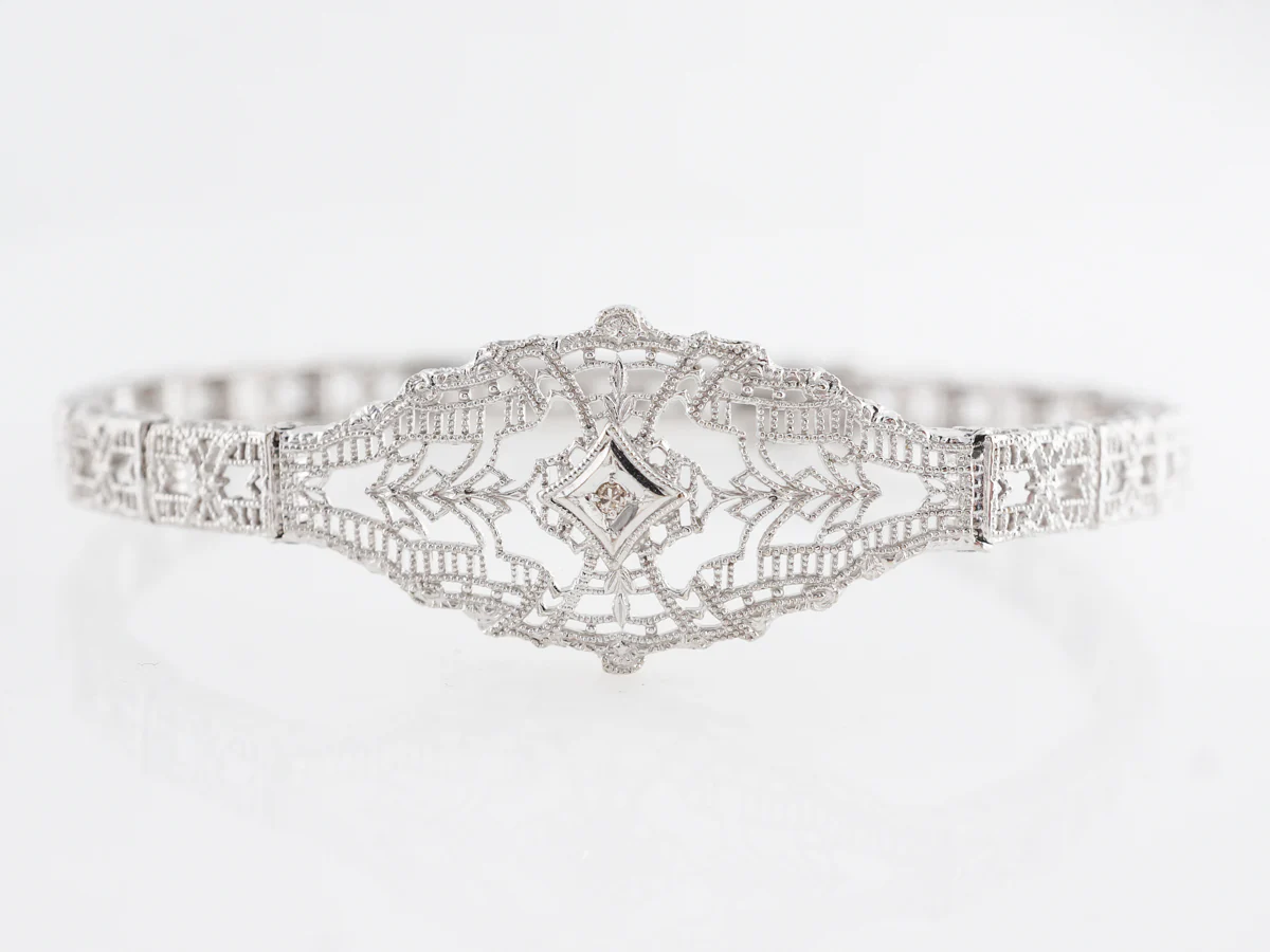 1920's Filigree Bracelet w/ Single Cut Diamond in 10k White Gold - Image 4