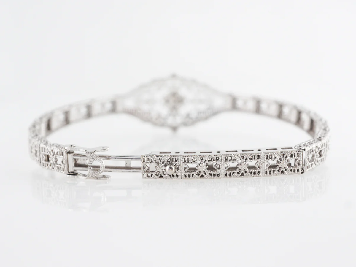 1920's Filigree Bracelet w/ Single Cut Diamond in 10k White Gold - Image 5