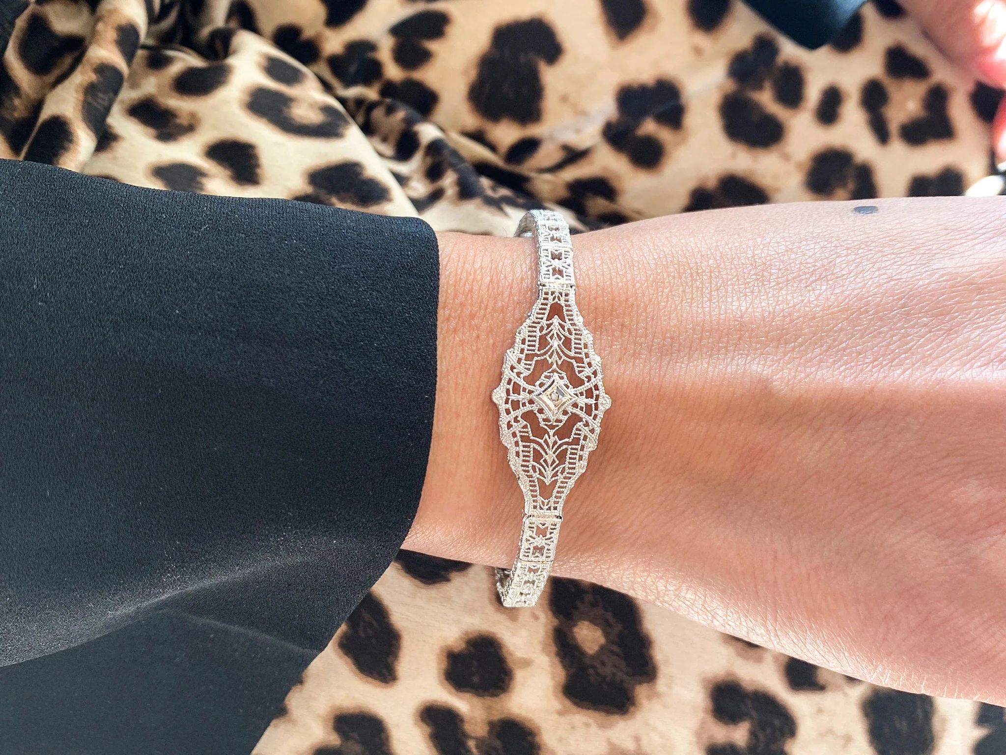1920's Filigree Bracelet w/ Single Cut Diamond in 10k White Gold - Image 6