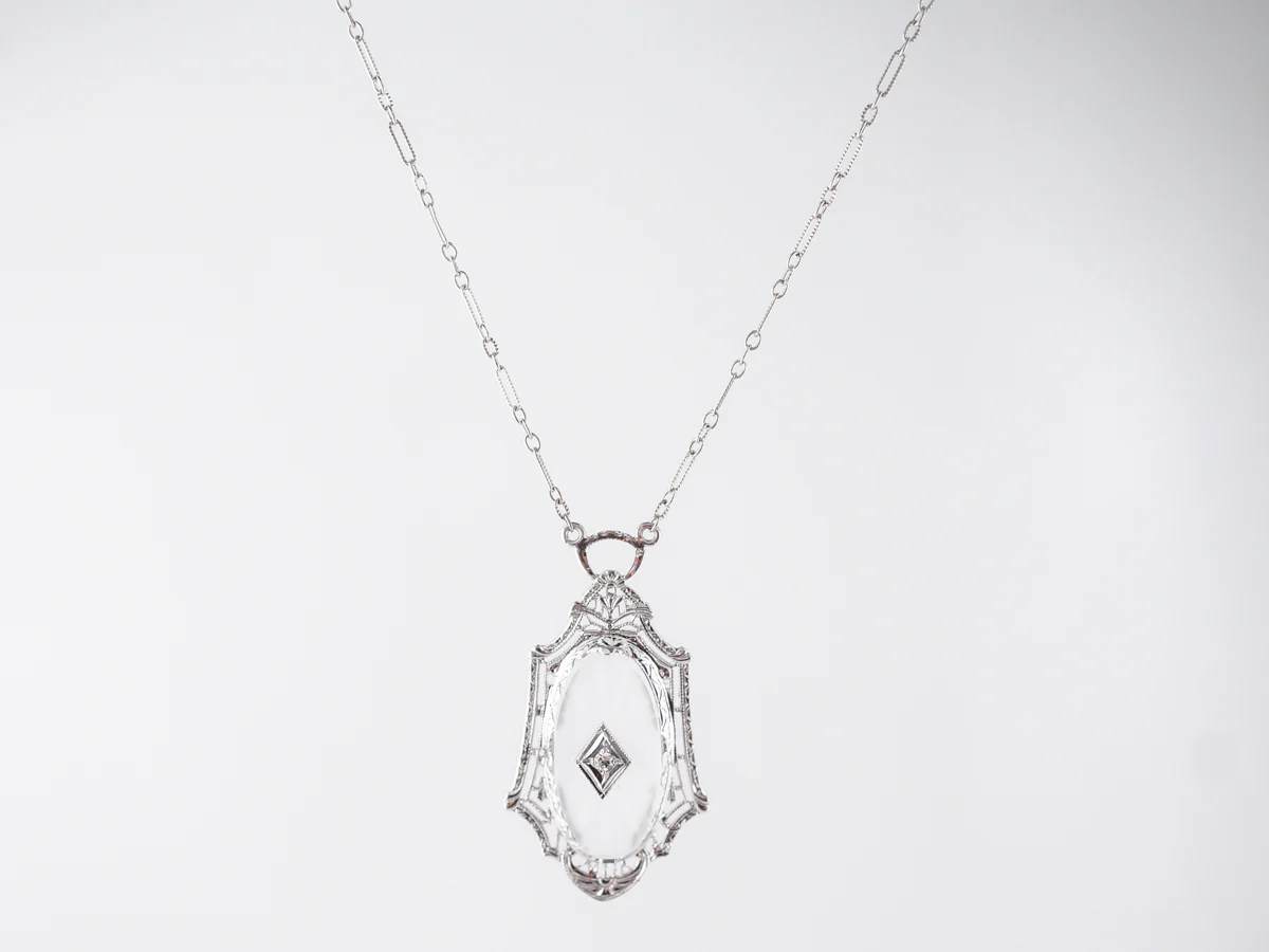 1920's Filigree Necklace w/ Diamond & Glass Camphor in 10k