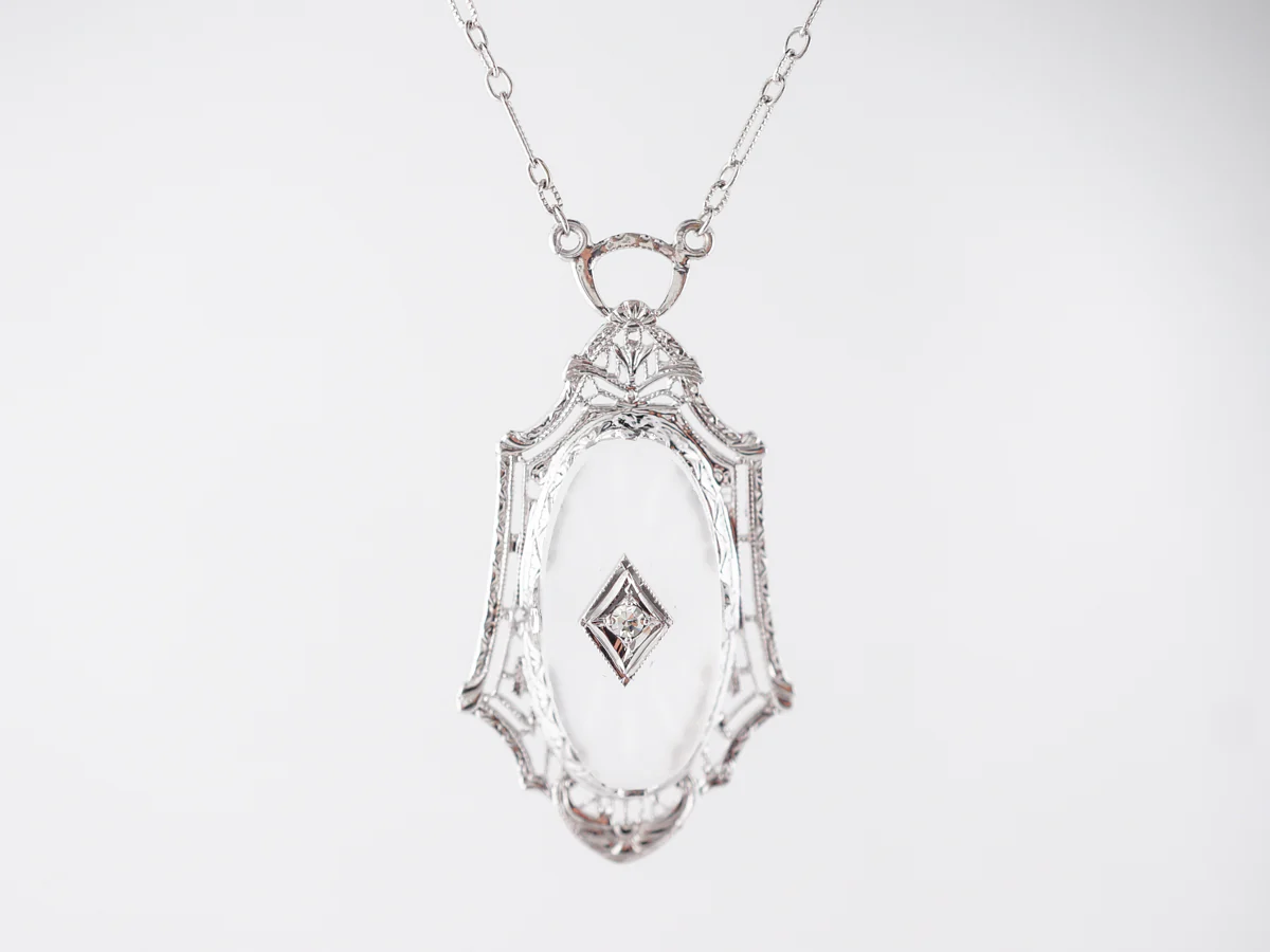 1920's Filigree Necklace w/ Diamond & Glass Camphor in 10k - Image 2
