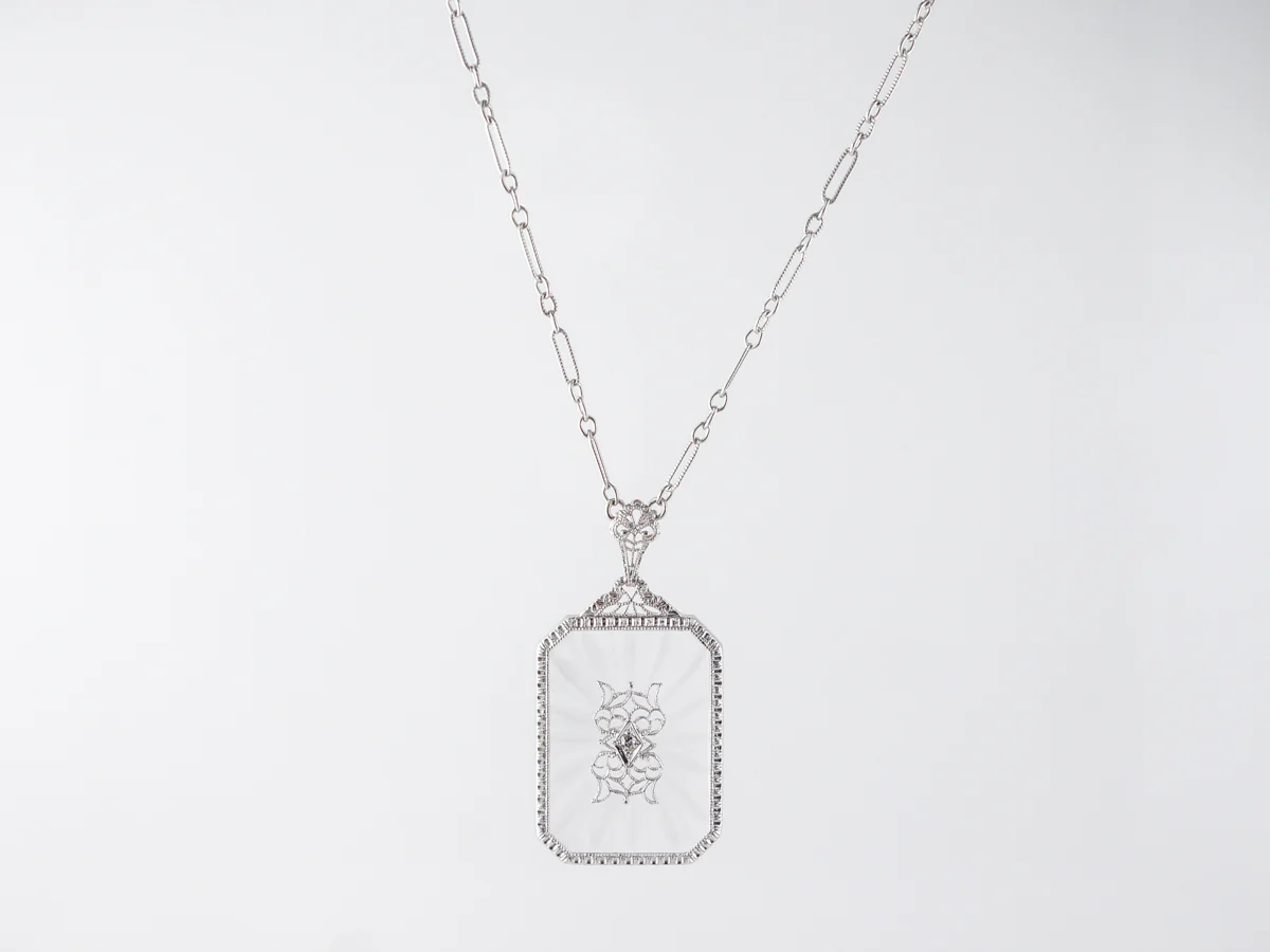 1920's Filigree Necklace w/ Diamond & Glass Camphor in 14k