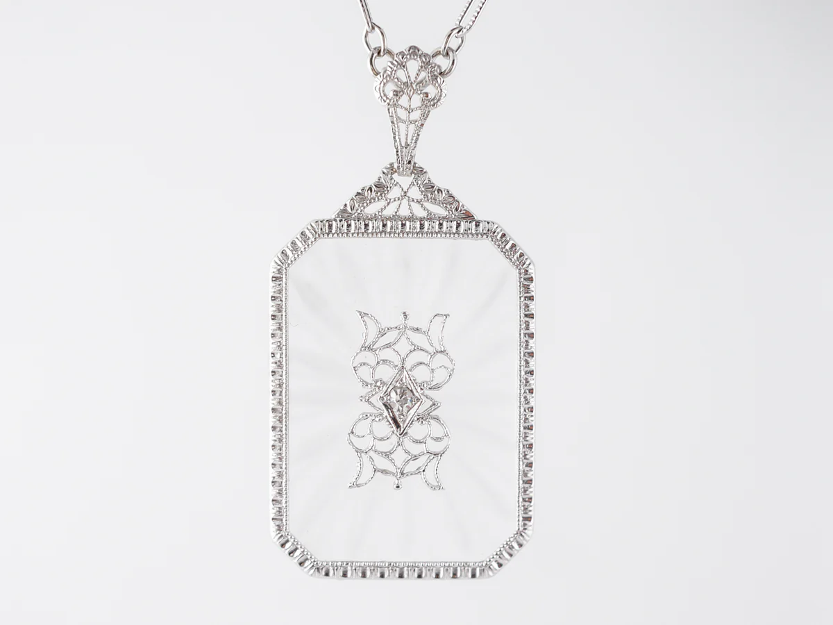 1920's Filigree Necklace w/ Diamond & Glass Camphor in 14k - Image 2