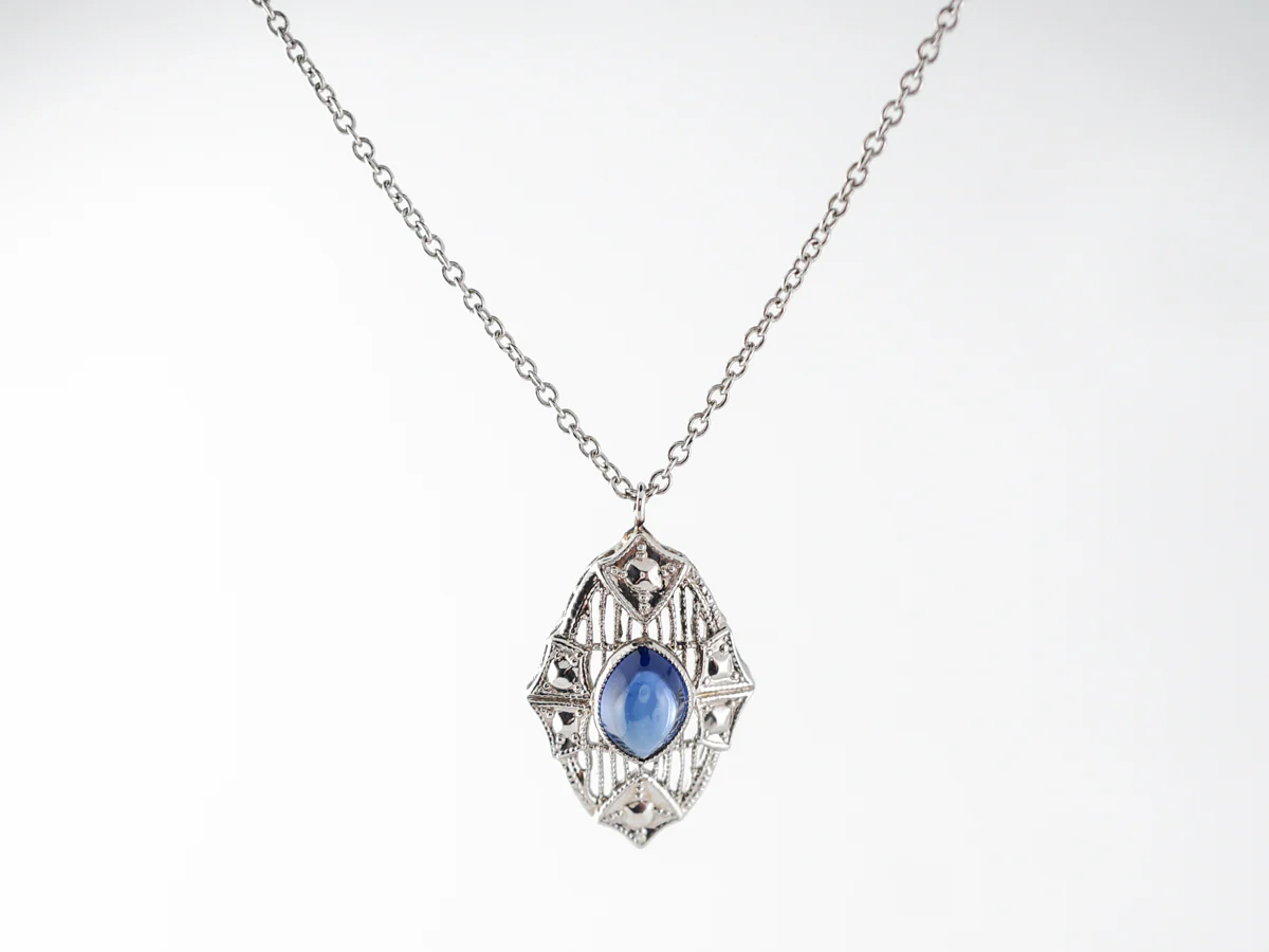 1920's Sapphire Filigree Necklace in 14k White Gold