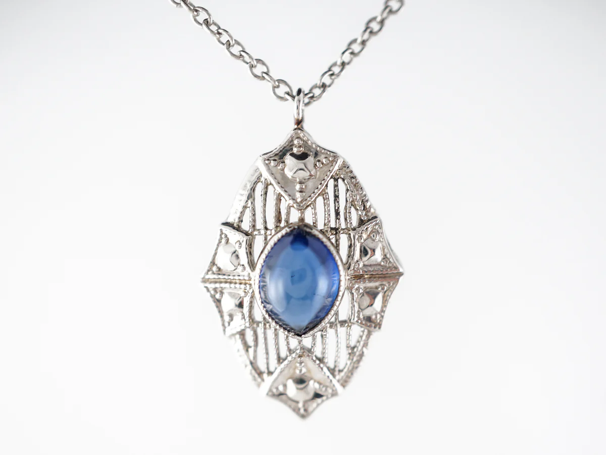 1920's Sapphire Filigree Necklace in 14k White Gold - Image 3