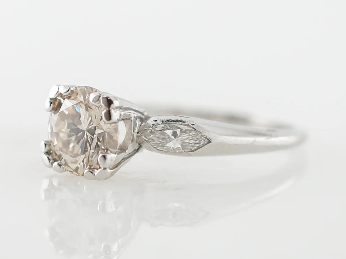 1930's Vintage Diamond Solitaire Engagement Ring w/ Marquis Accents in Platinum - Image 2