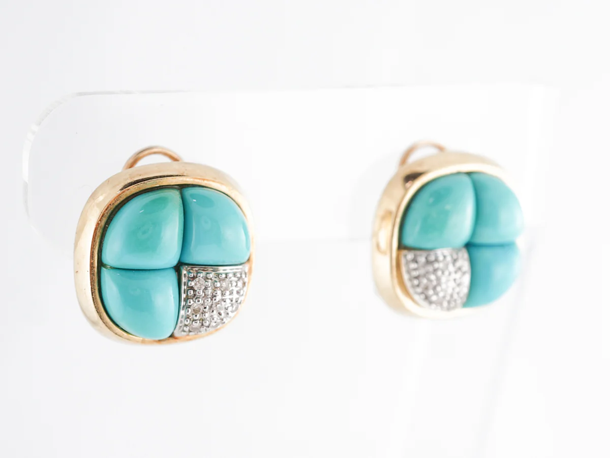 1960's Cabochon Turquoise Earrings w/ Pave Diamonds 14k - Image 3
